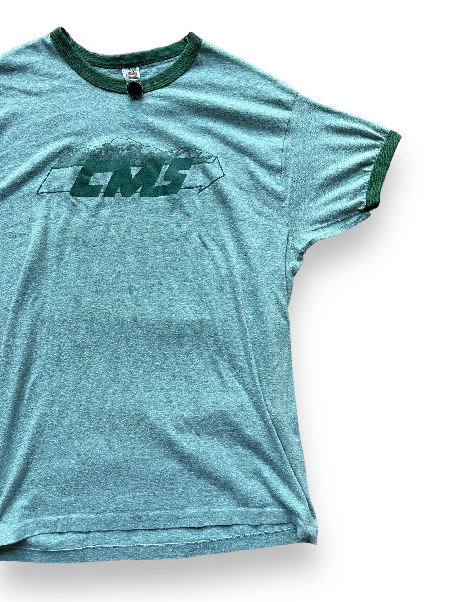 Front Left View of Vintage Cascade Moving Green Ringer Tee SZ XL | Vintage Graphic T-Shirts Seattle | Barn Owl Vintage Tees Seattle