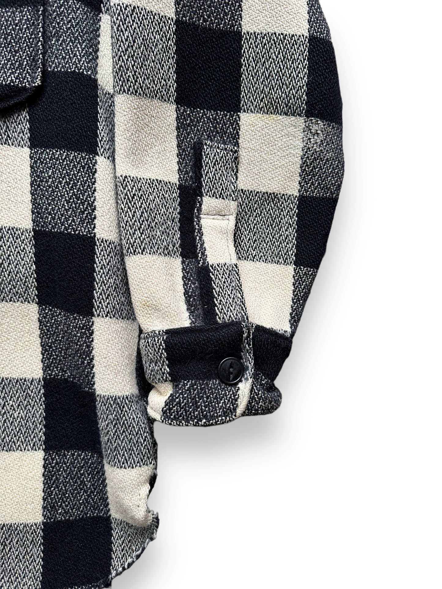 Left Sleeve View of Vintage 1930-40s Era Woolrich Black & White Wool Jacket SZ L | Barn Owl Vintage Goods | Vintage Workwear Seattle