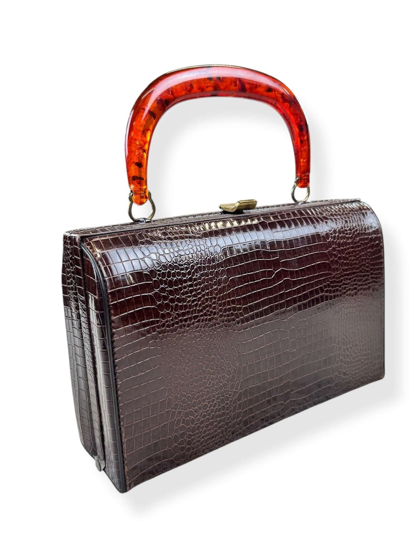 Side view of 1950s Faux Reptile Purse with Lucite Handle