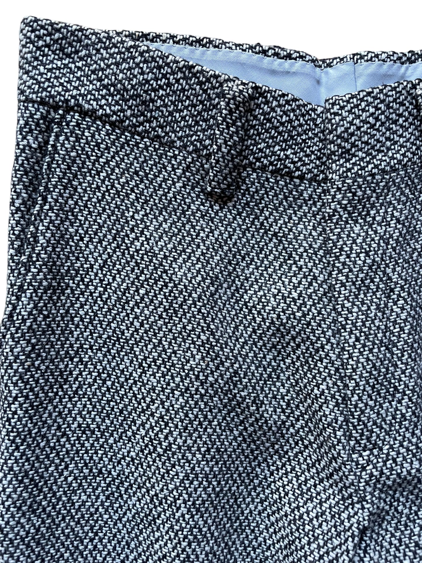 Front right side waist view of Vintage 1970s Deadstock Wool Blend Tweed Trousers W30 | Barn Owl Vintage Seattle | Vintage Trousers