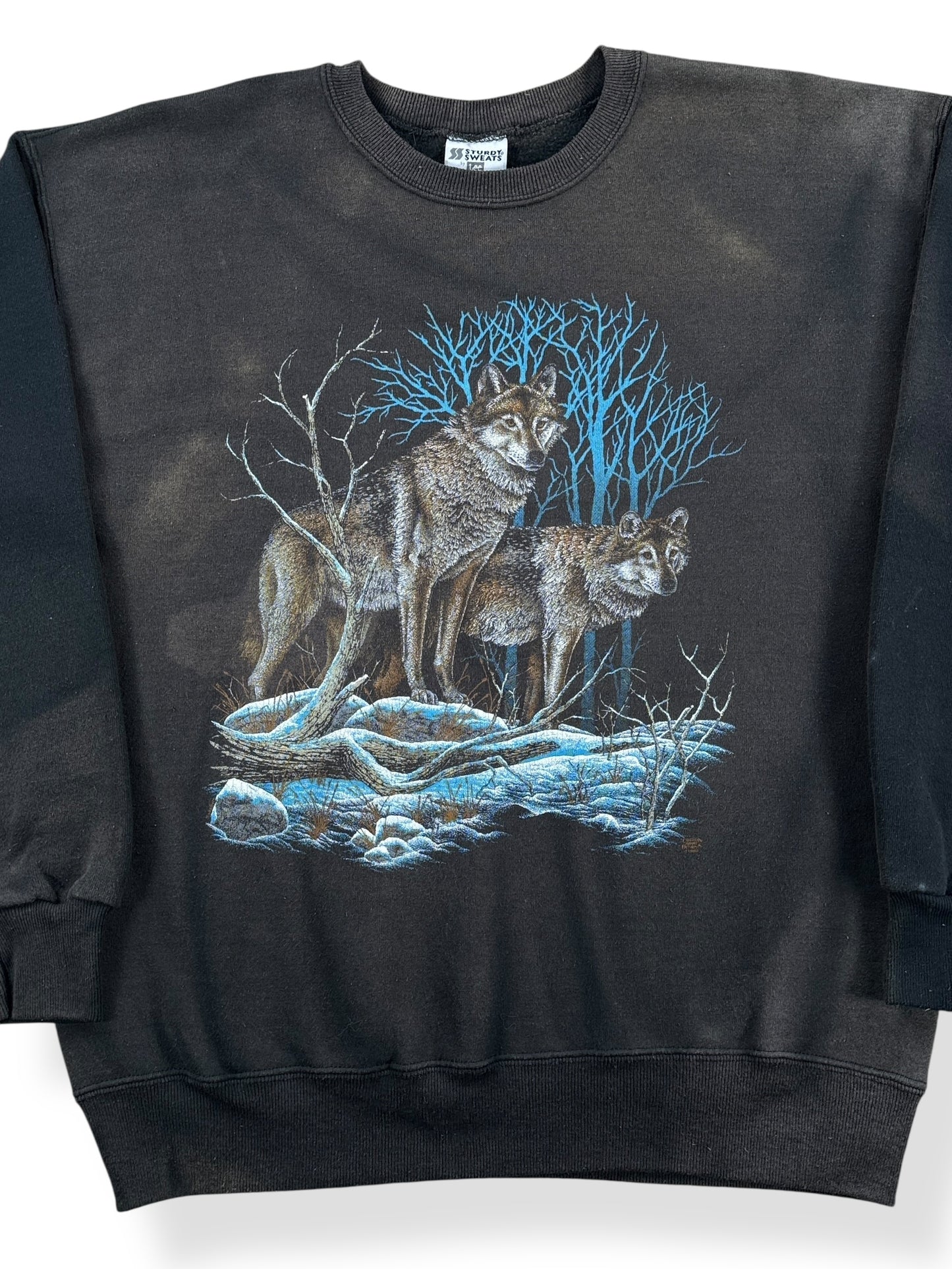 Front Close Up of Vintage Faded Wolf Crewneck SZ L