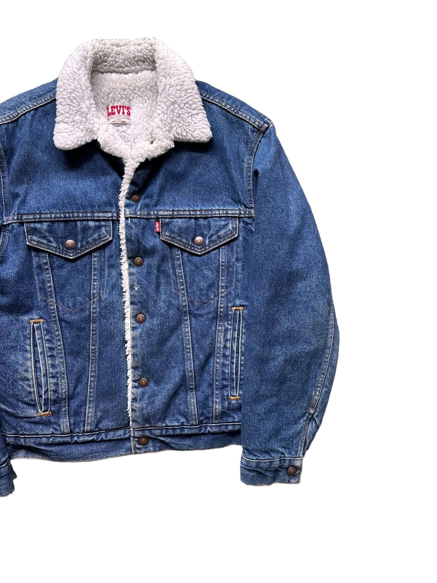 Front Left View of Vintage USA Made Levis Sherpa Type III Denim Jacket SZ 38R | Vintage Denim Workwear Seattle