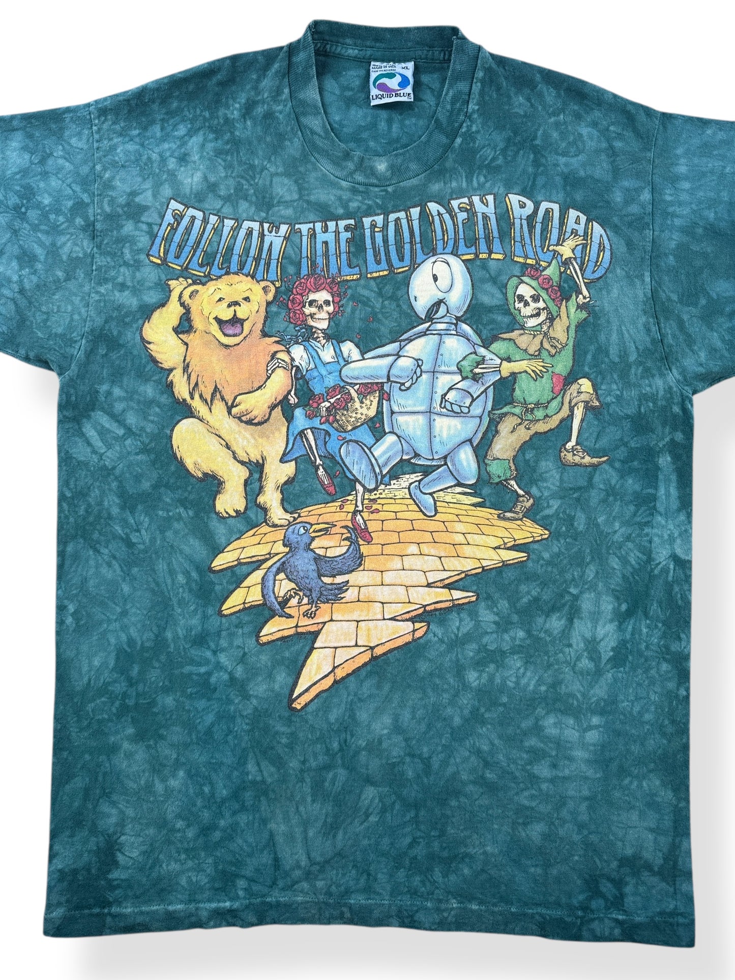 Front Close Up of Vintage 1994 Liquid Blue Follow The Golden Road Grateful Dead Tour Tee SZ L