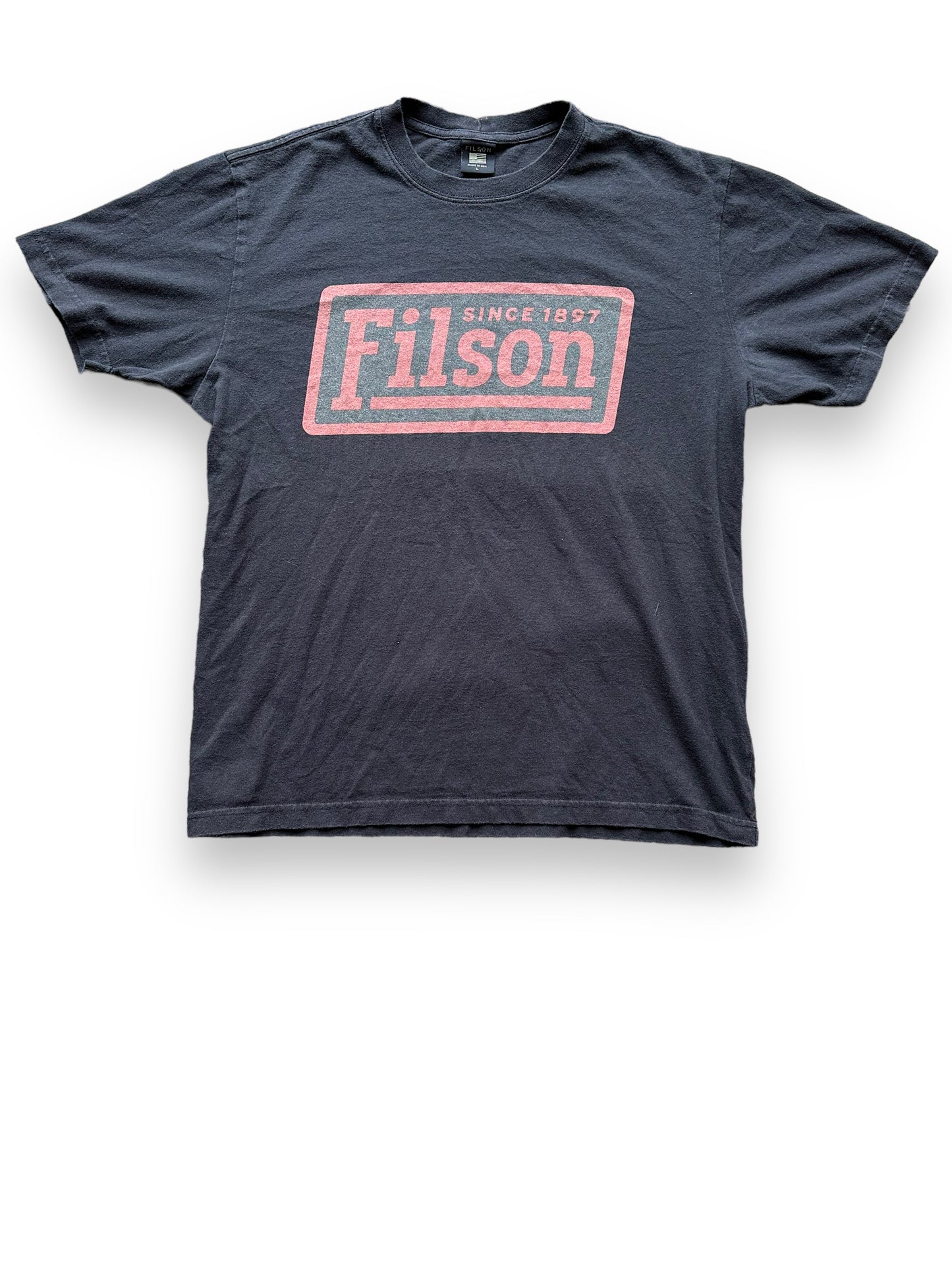 Front View of Filson Black Cotton Graphic Tee SZ L | Barn Owl Vintage Goods | Vintage Filson Workwear Seattle