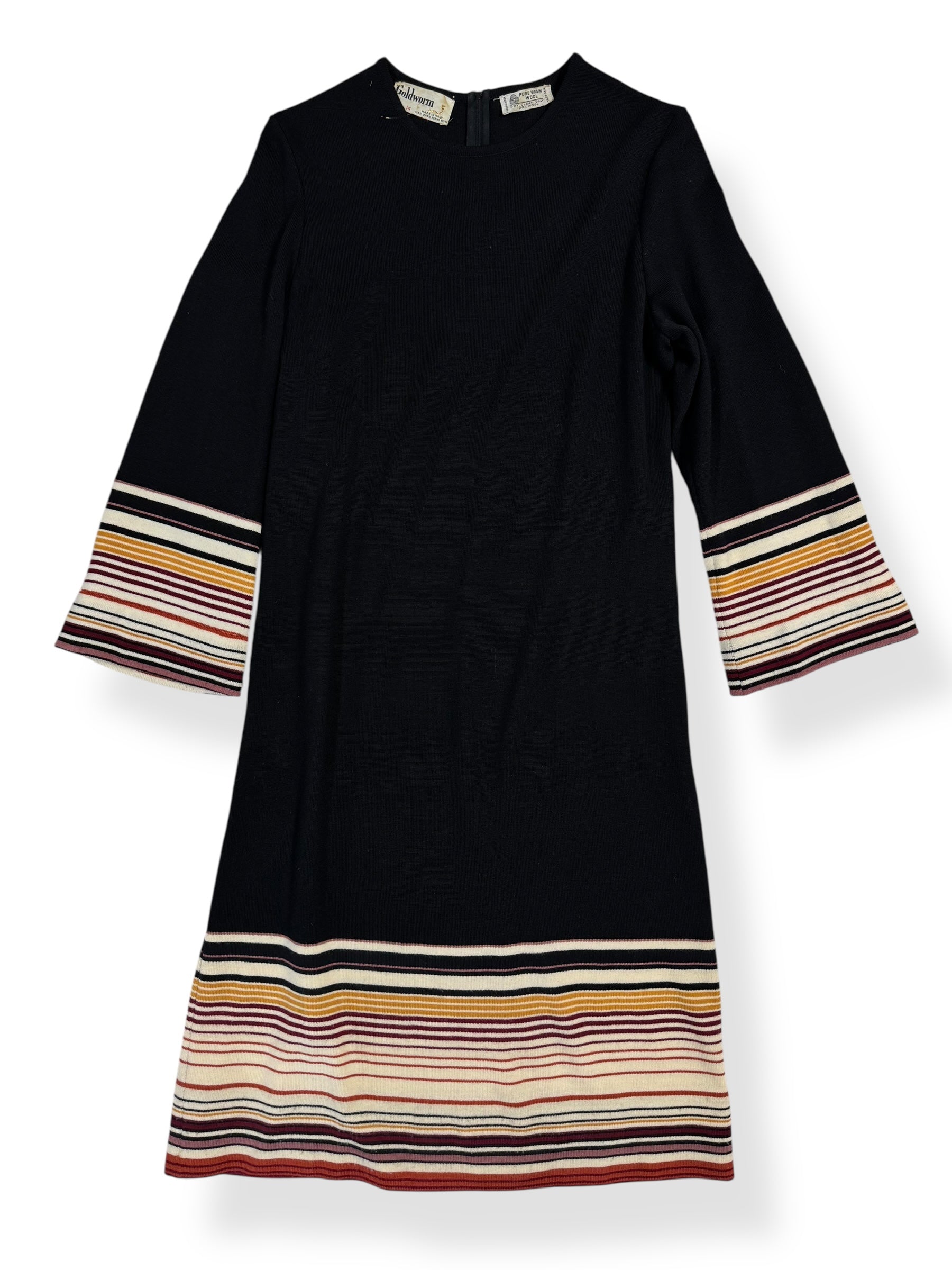 Front view of 70s Goldworm Wool Stripe Dress M-L