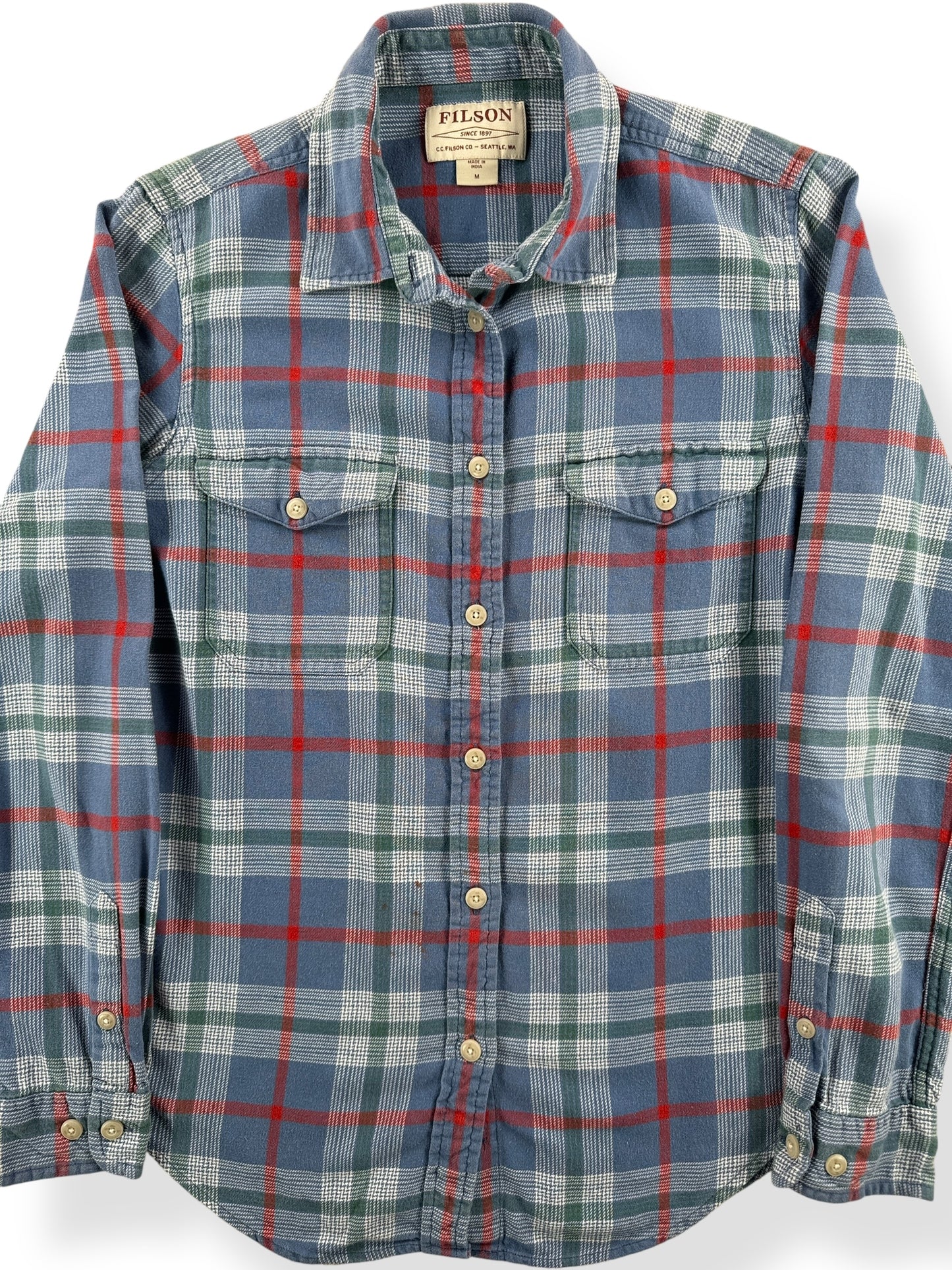 Front Close Up of Filson Women's Scout Blue Green Flannel Shirt SZ M