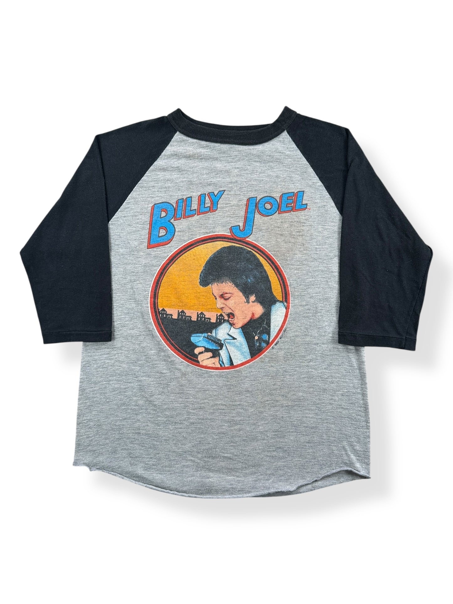 Front of Vintage Billy Joel Behind The Nylon Curtain Raglan 1982 Tour Tee SZ M