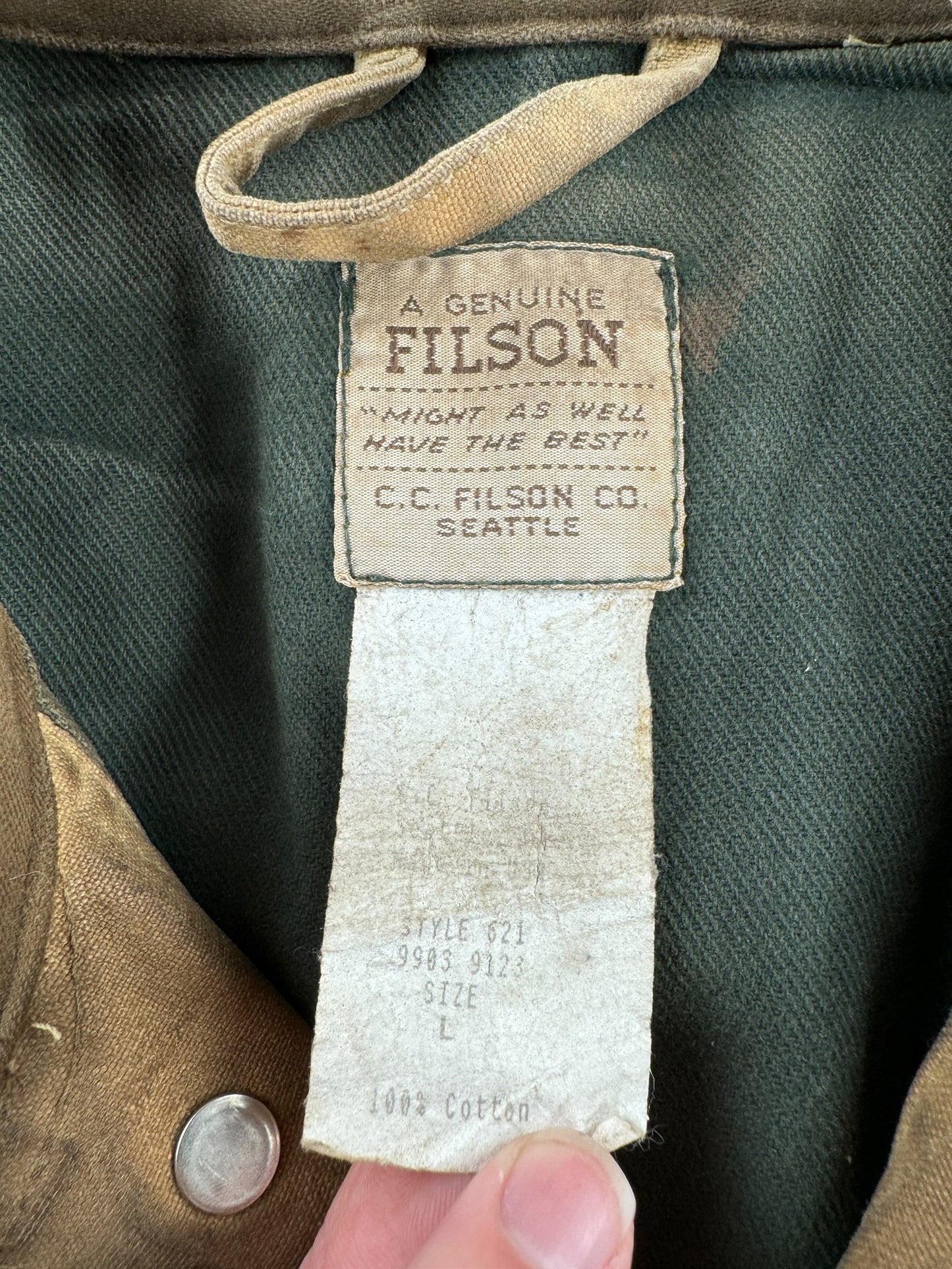 Tag on Vintage Filson Style 621 Tin Cloth Field Jacket SZ L