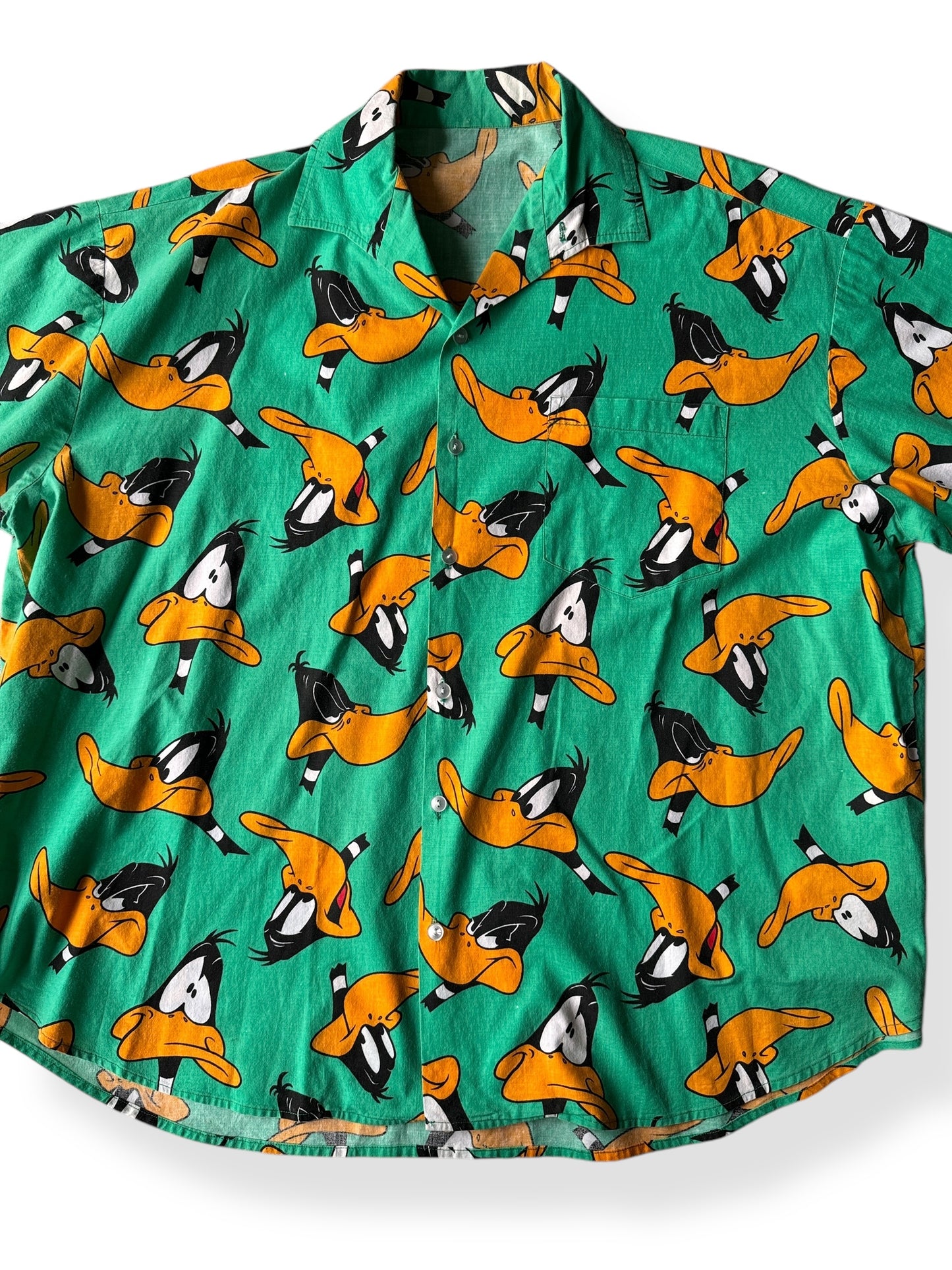 Front Close Up of Vintage Green Daffy Duck Button Up SZ XXL