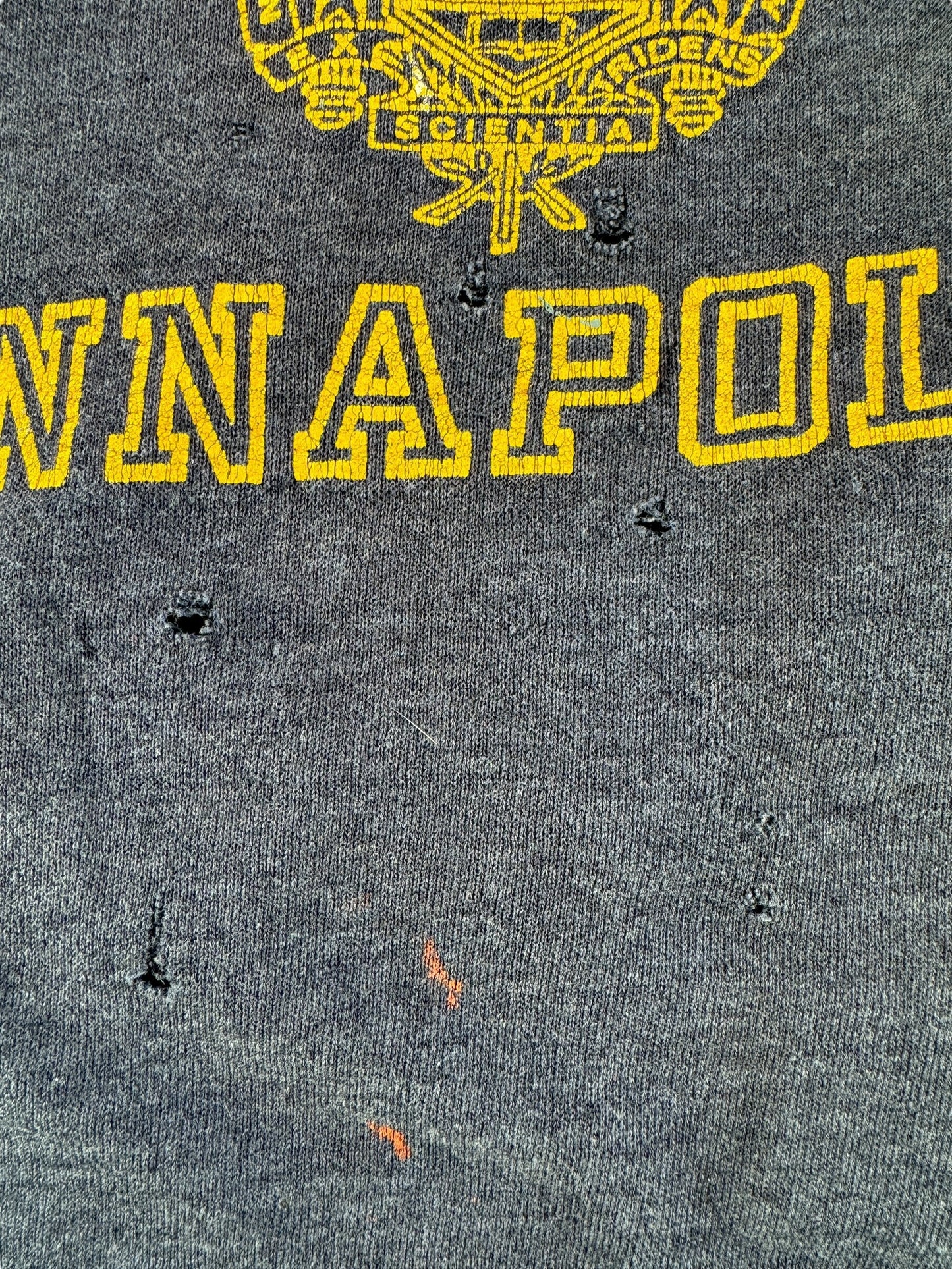 Holes on Front of Vintage Chopped Up Navy Annapolis Sweatshirt SZ L