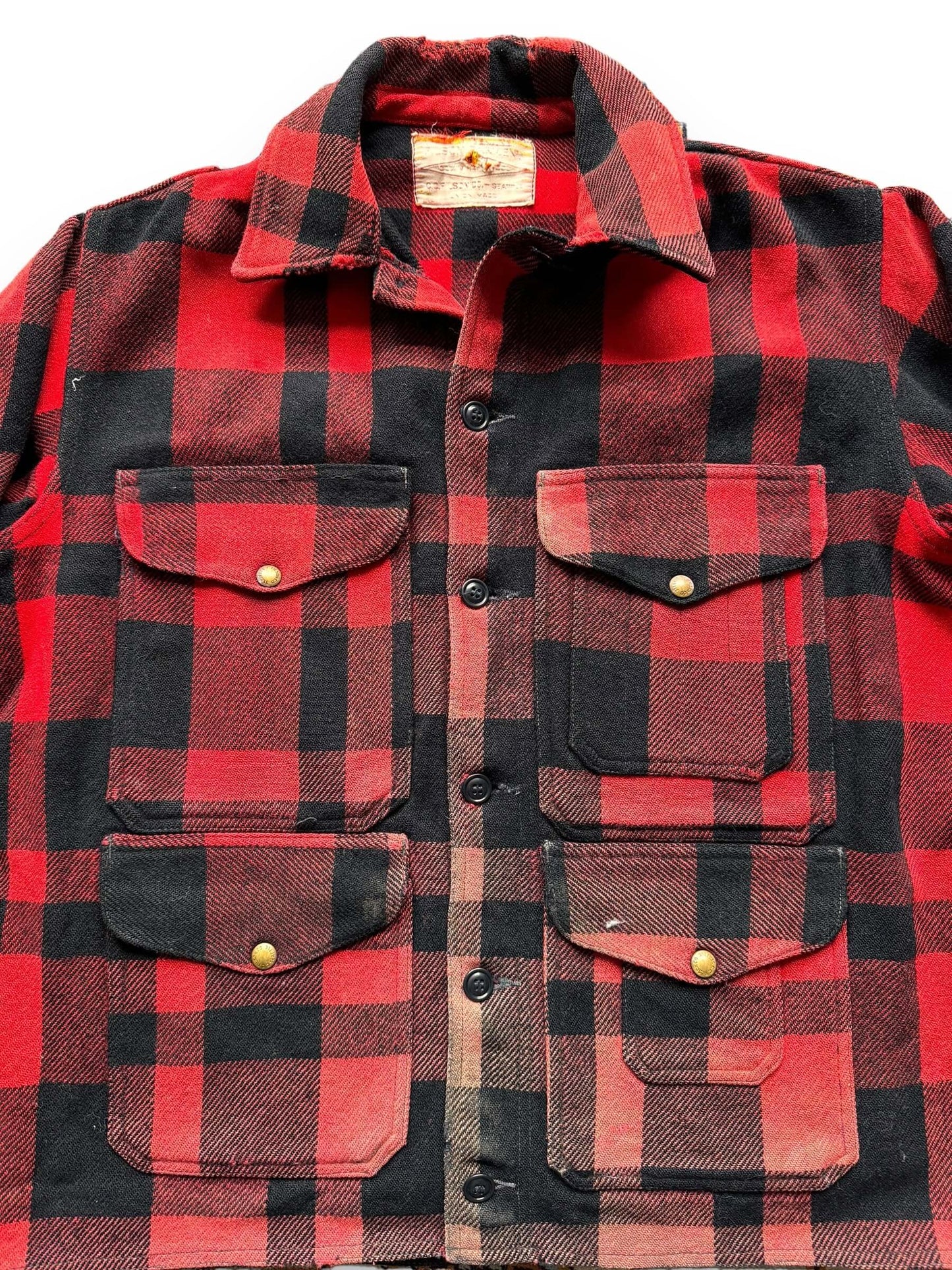 front close up of 1960s Union Made Filson Buffalo Plaid Mackinaw Cruiser w/ Repairs SZ 48