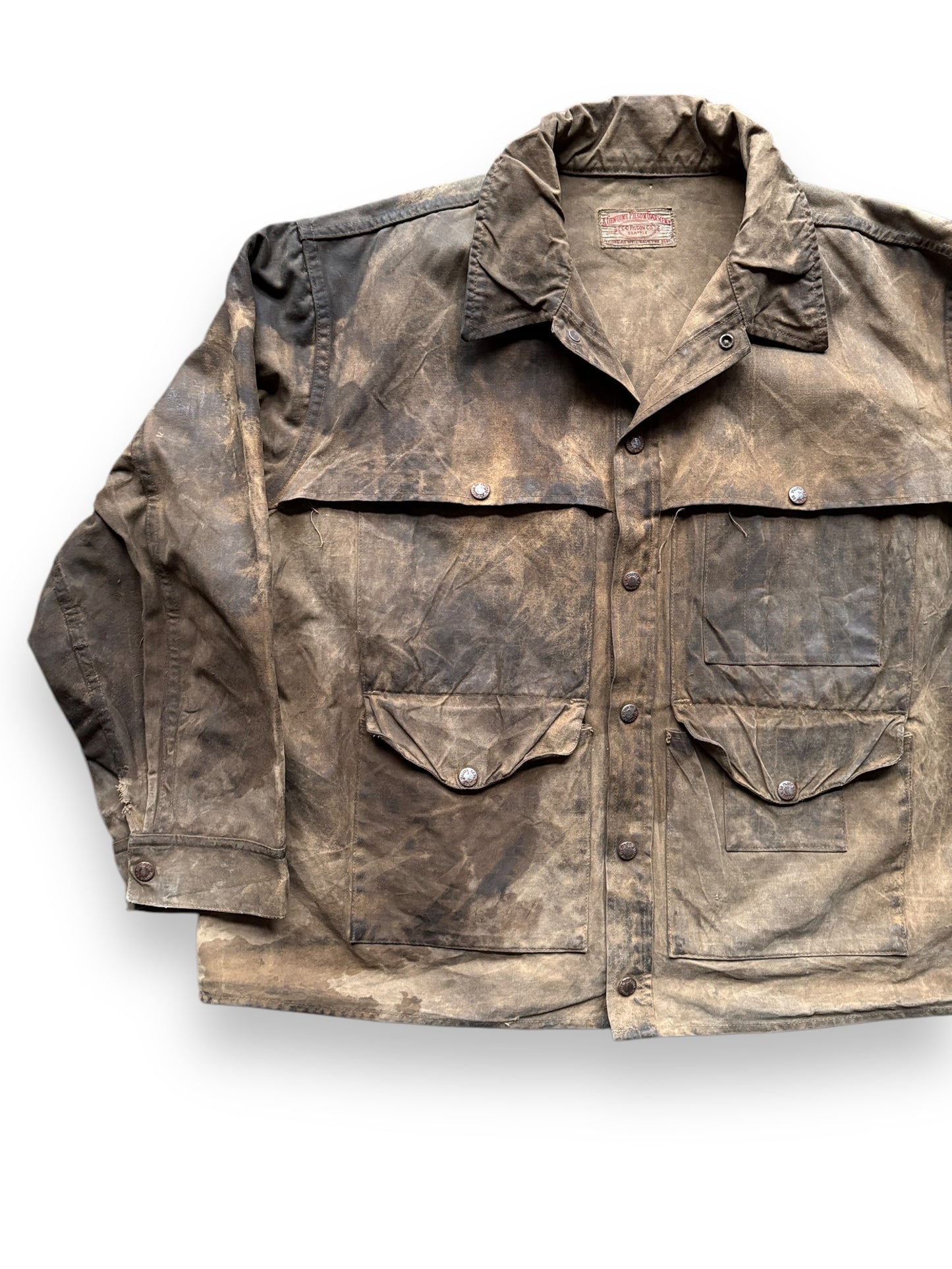 Front Right View of Distressed Vintage Union Made Filson Tin Cruiser SZ XL