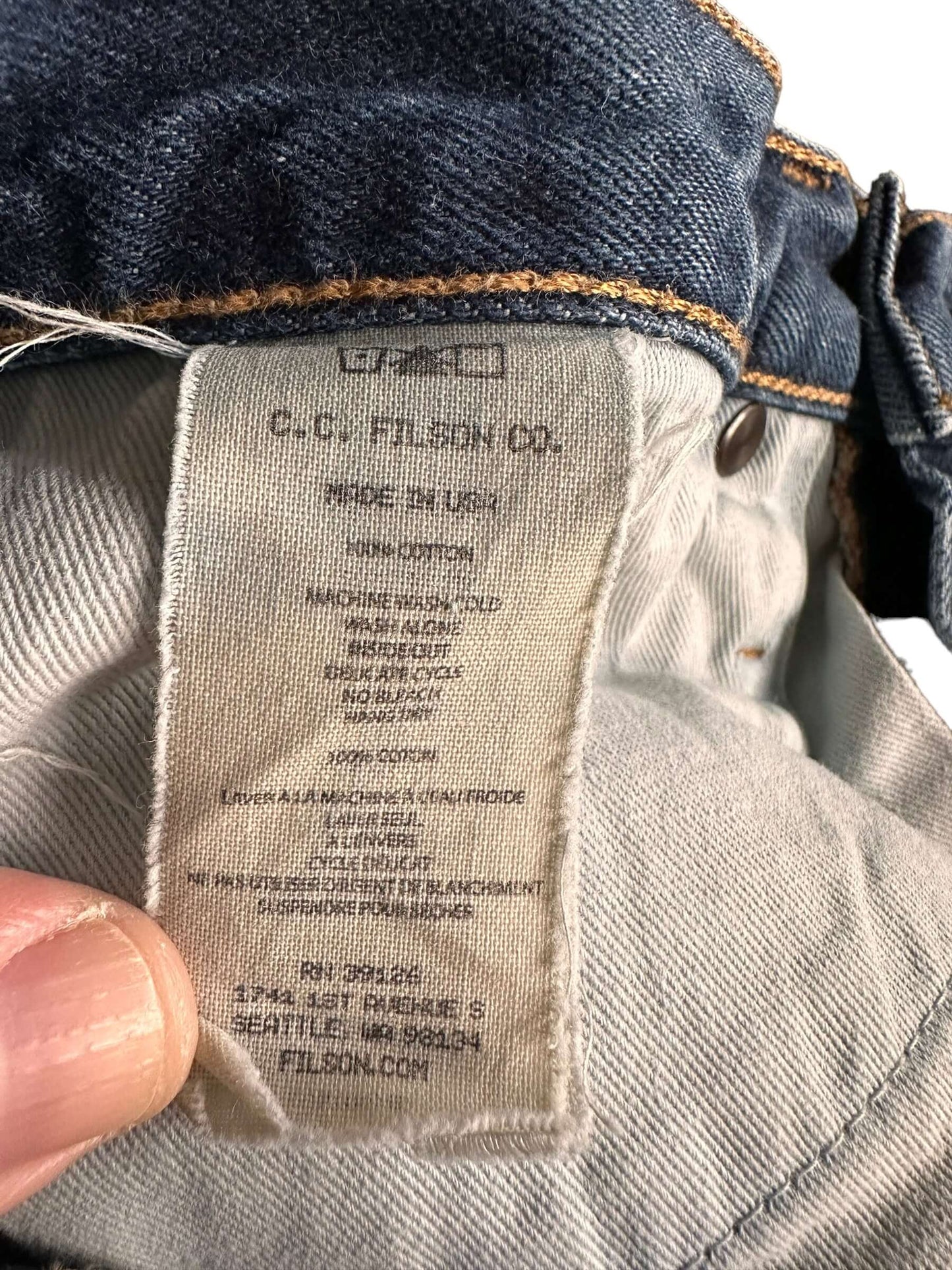 Production Tag on Filson Denim Doublefront Jeans W30 | Filson Double Knees | Filson Denim Workwear Seattle
