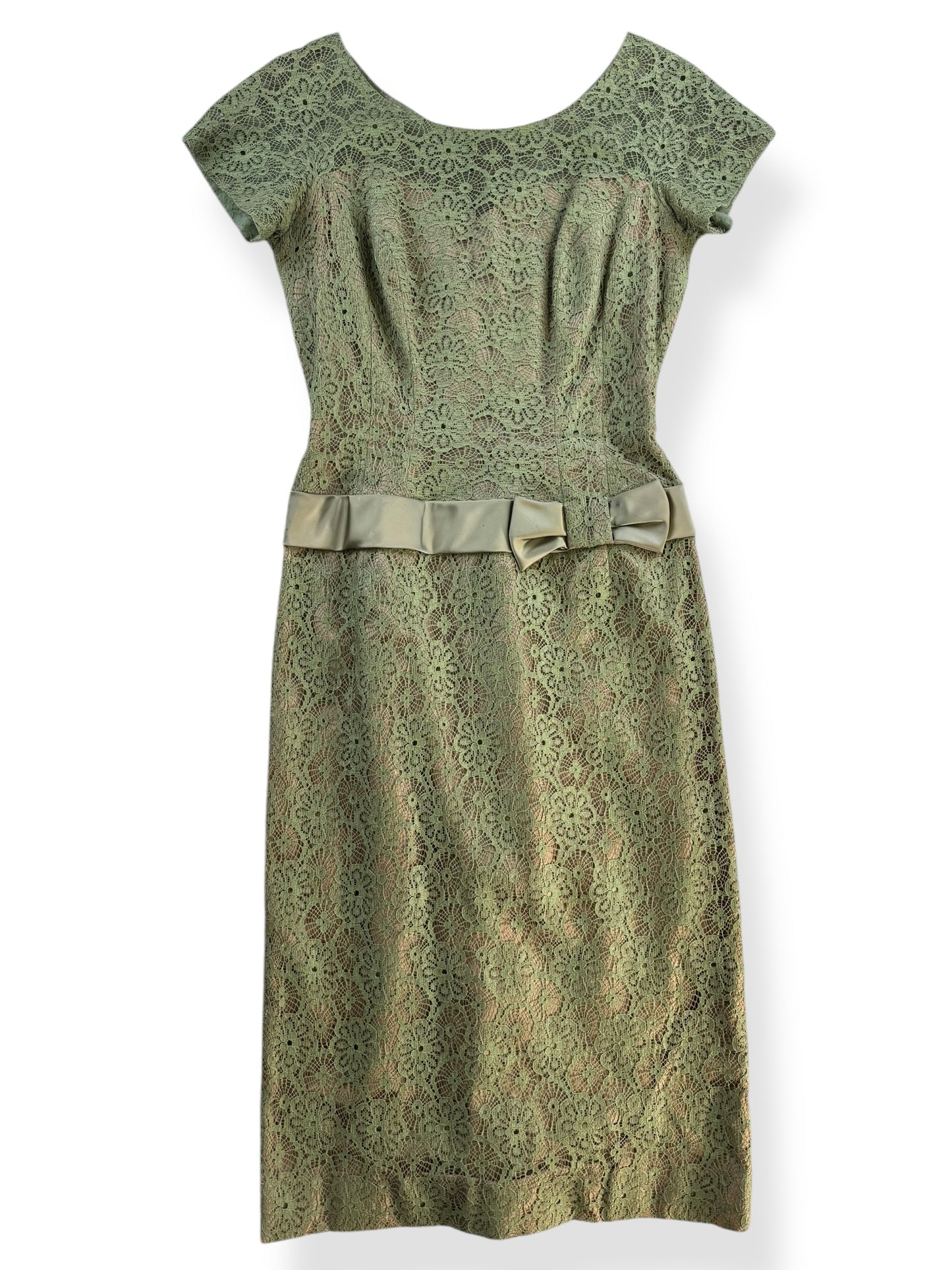 Front view of 1950s Sage Du Barry Lace Dress M
