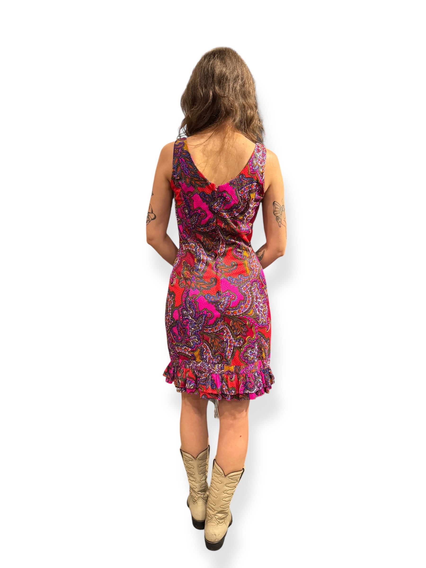 Back view of 1960s Pink Paisley Mini Dress S