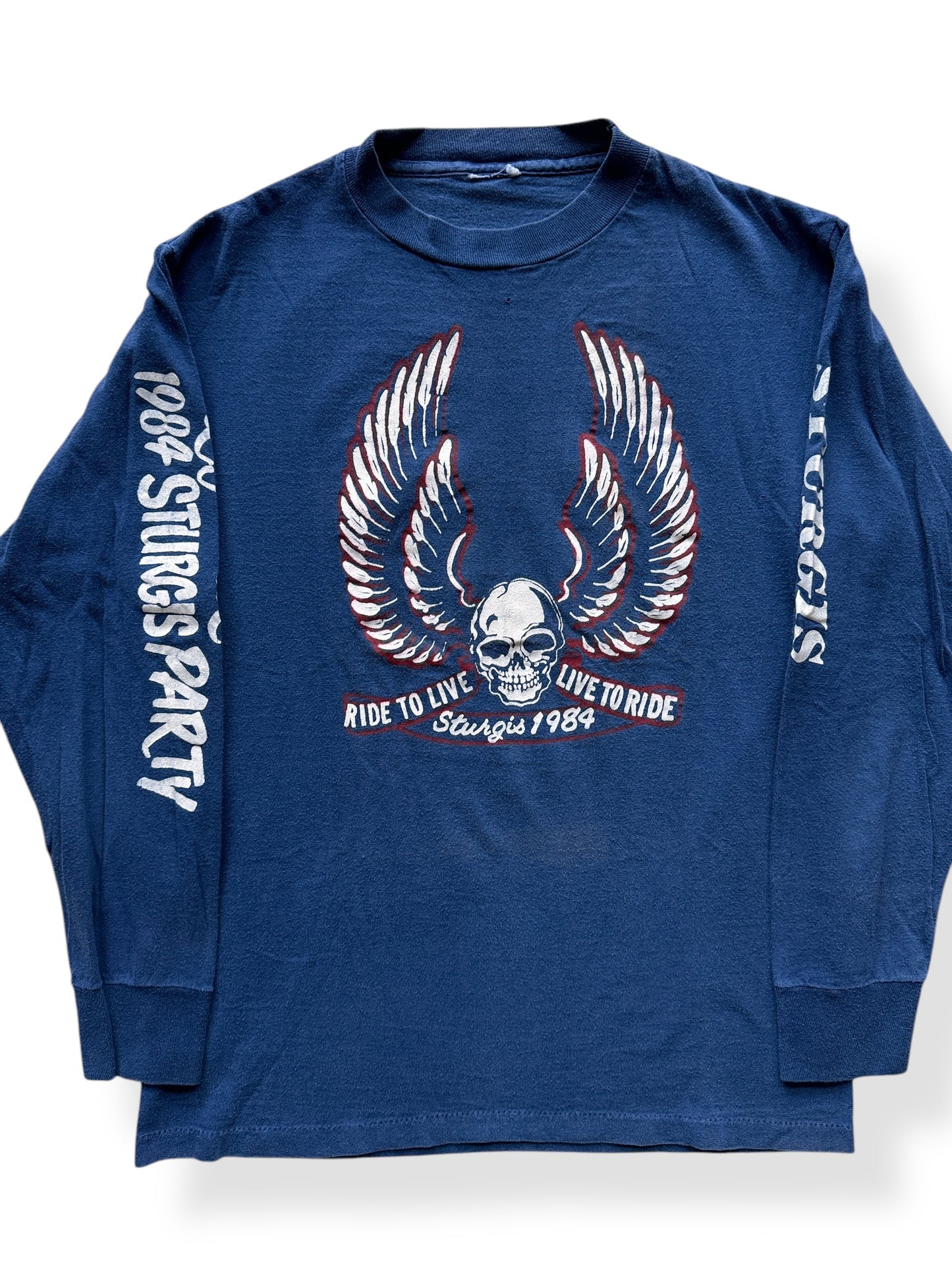 Front Close Up of Vintage 1984 Sturgis Long Sleeve Ride to Live Live to Ride Skull Tee SZ S