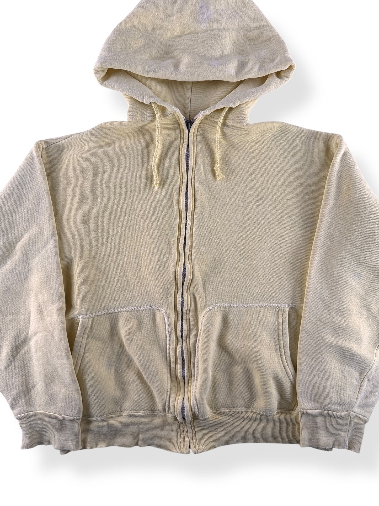 Front Close Up of Vintage Pale Yellow Zip Up Hoodie SZ S AS IS