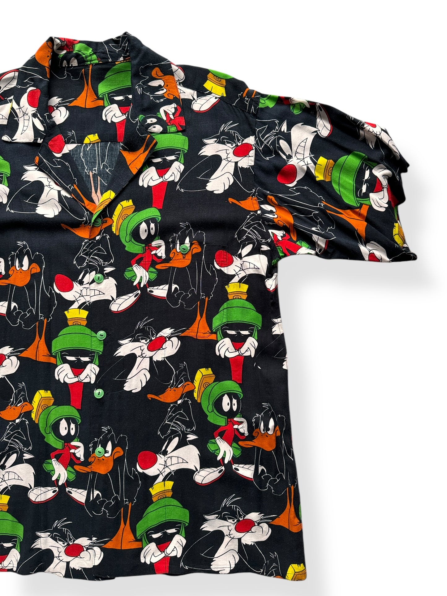 Front Left of Vintage Black Marvin the Martian Daffy Button Up SZ XL
