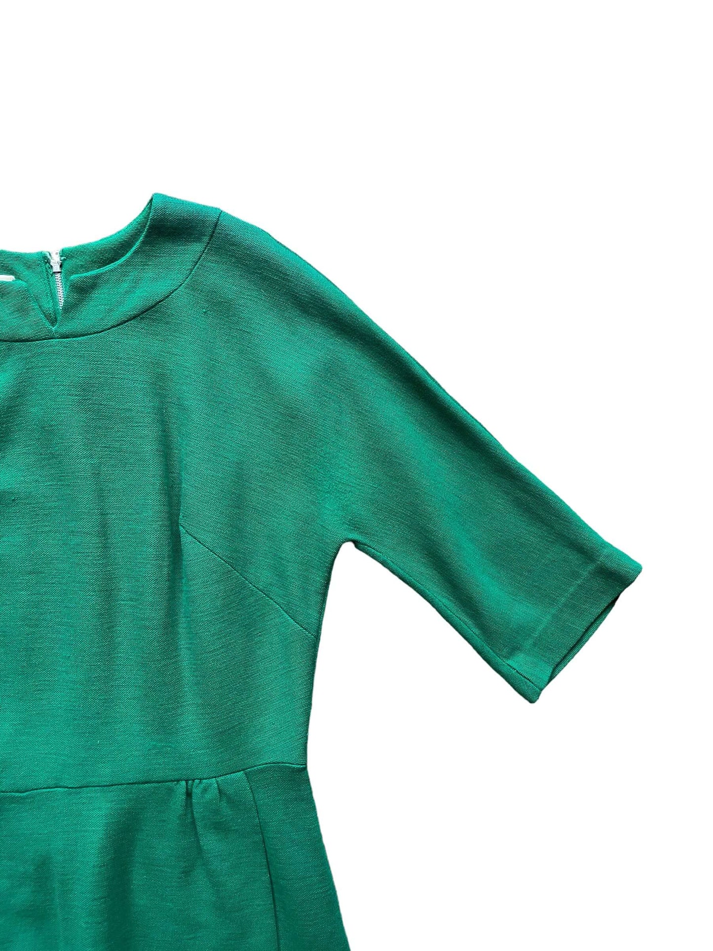 Front top left side of Vintage 1950s Green Wool Wiggle Dress SZ M | Barn Owl Vintage Dresses| Seattle Vintage Ladies Clothing