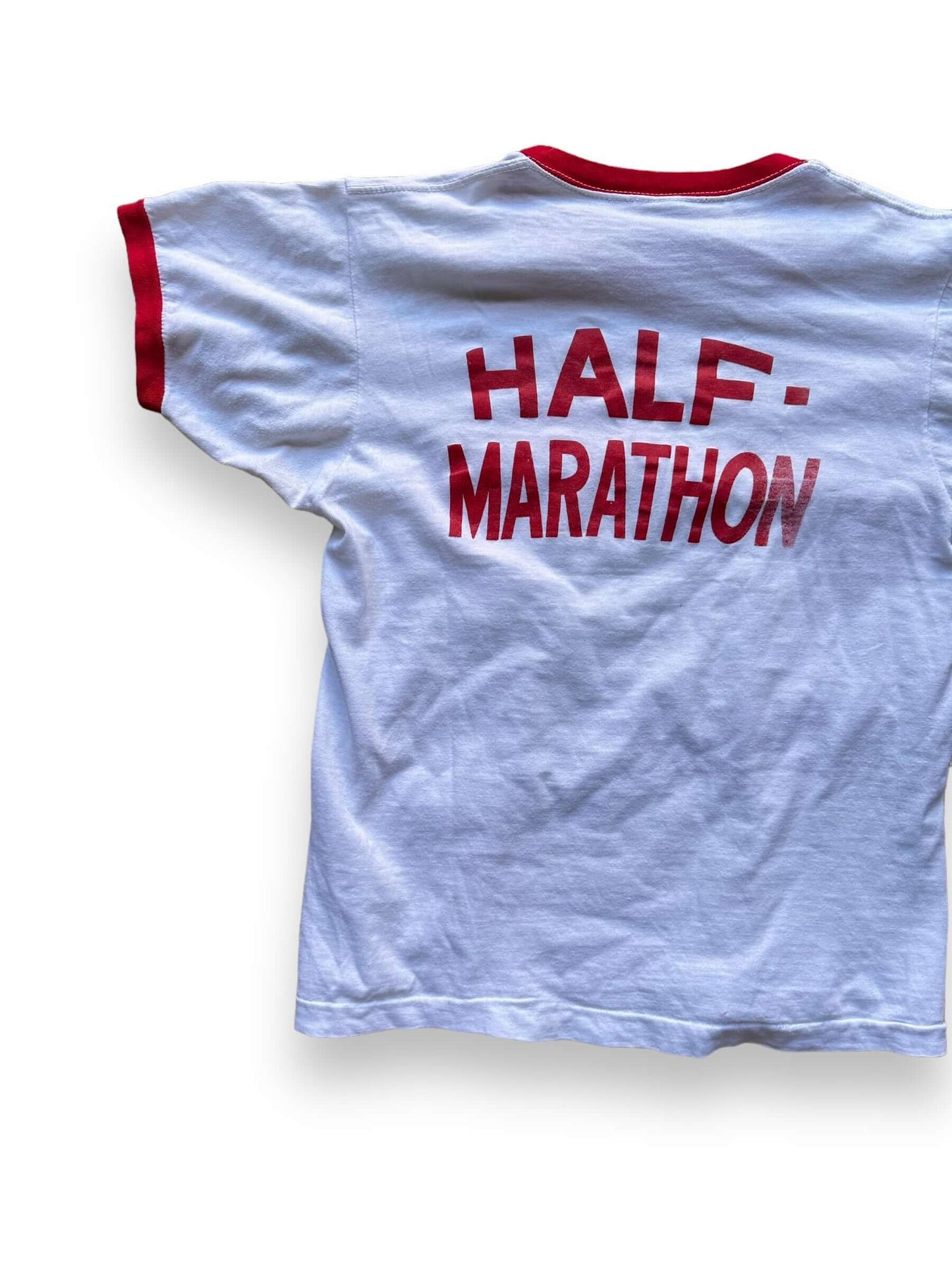 Rear Left View of Vintage Yakima Valley Half Marathon Champion Blue Bar Tee SZ M | Vintage Champion Ringer Tee Seattle | Barn Owl Vintage