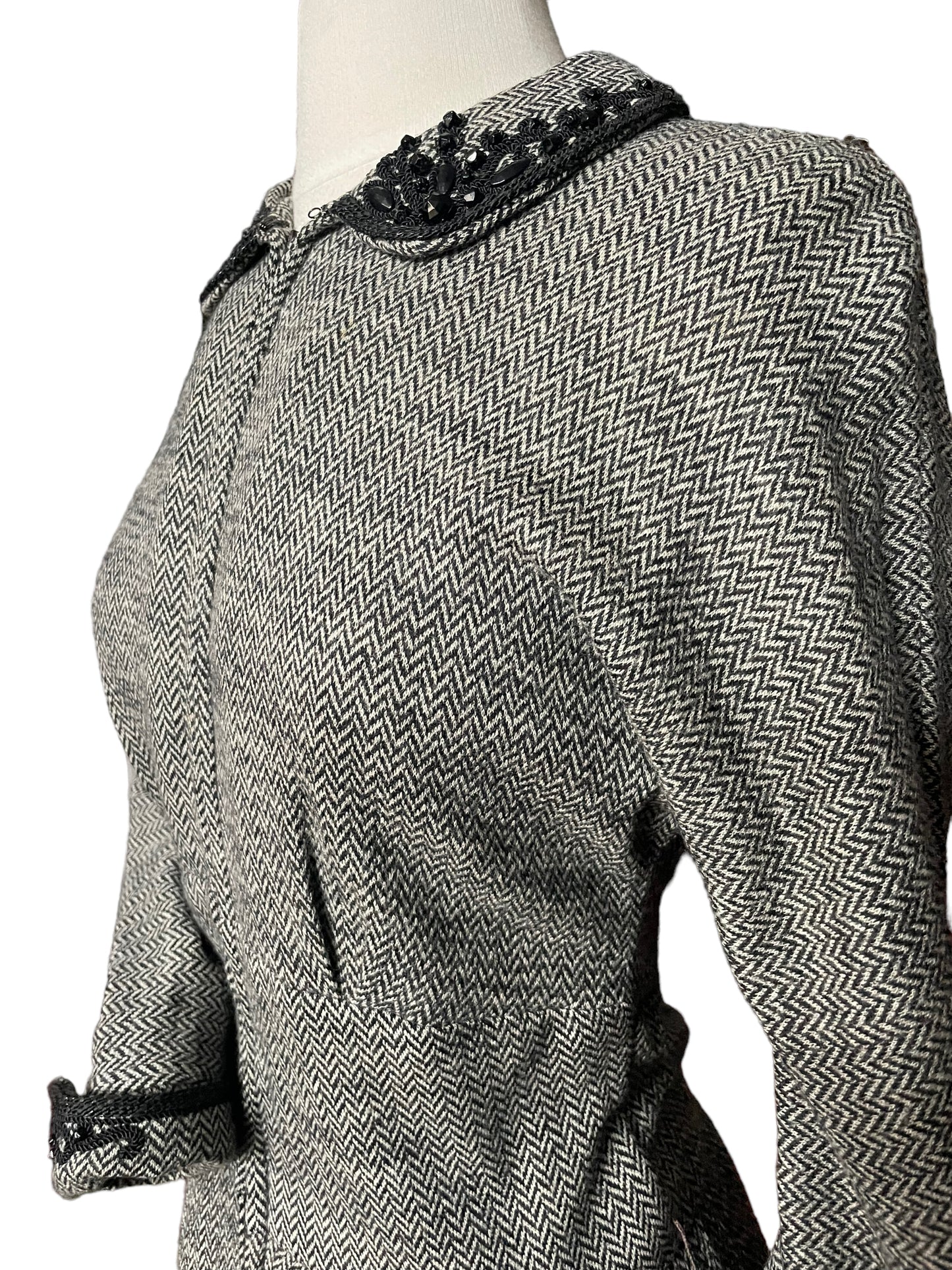 Front left side view of Vintage 1940s Chevron Knit Dress with Beaded Collar | Barn Owl Vintage Dresses| Seattle Vintage Dresses