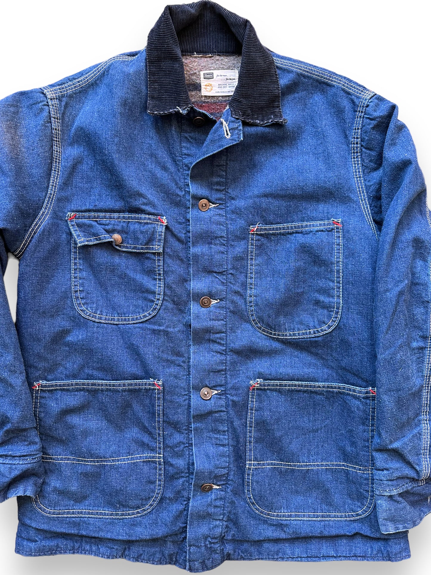 Front Detail on Vintage Sears Blanket Lined Denim Chore Coat SZ L | Vintage Denim Chore Coat | Barn Owl Vintage Seattle