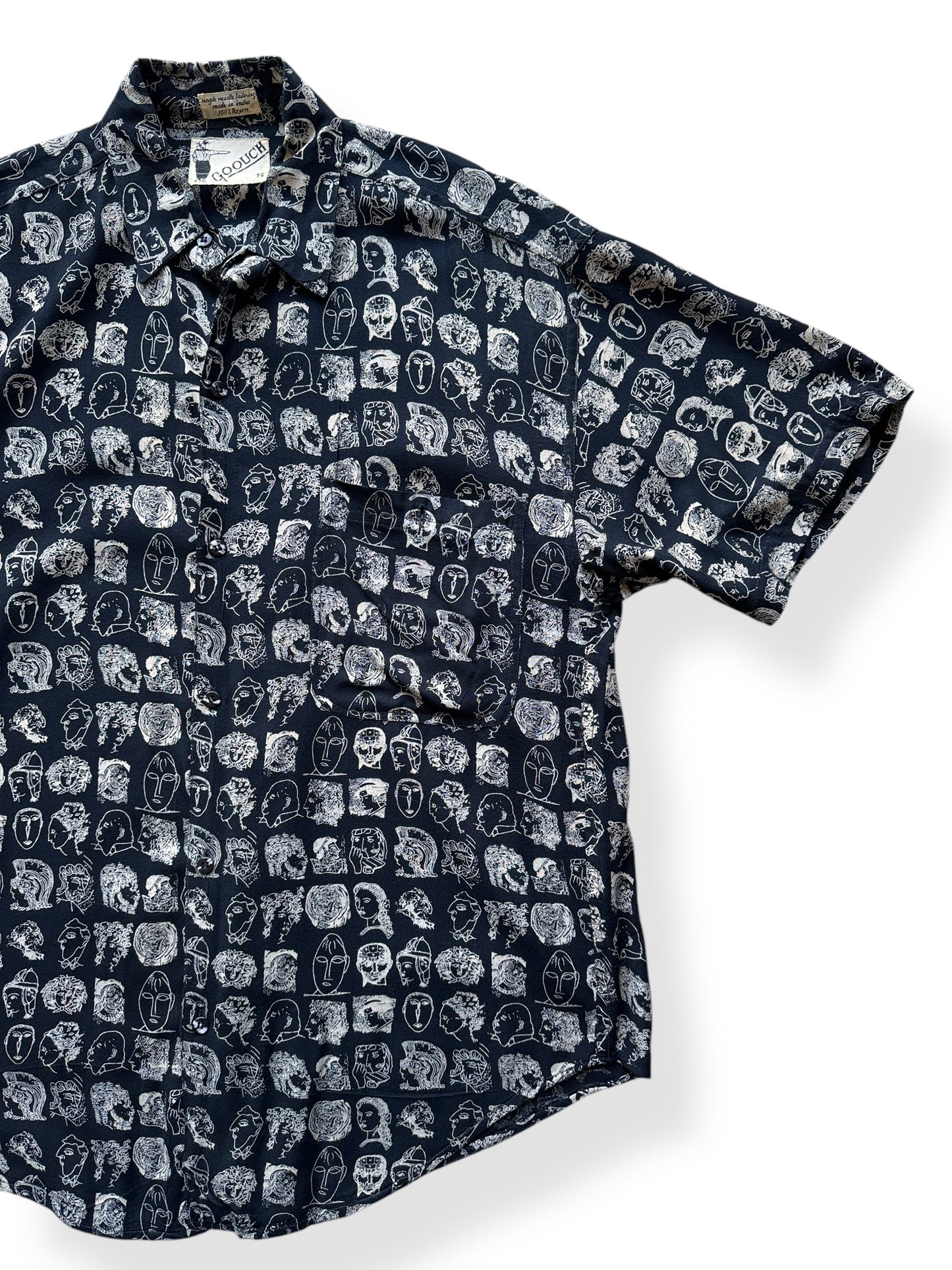 Front Left of Vintage Goouch Rayon Patterned Short Sleeve Shirt SZ S