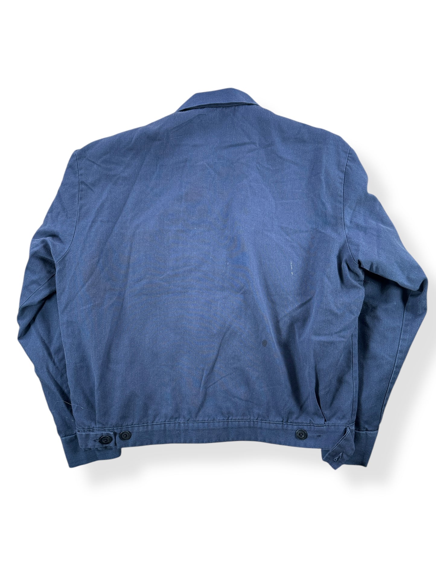 Back of Vintage Blue Quilted Work Wear Gas Station Jacket SZ M