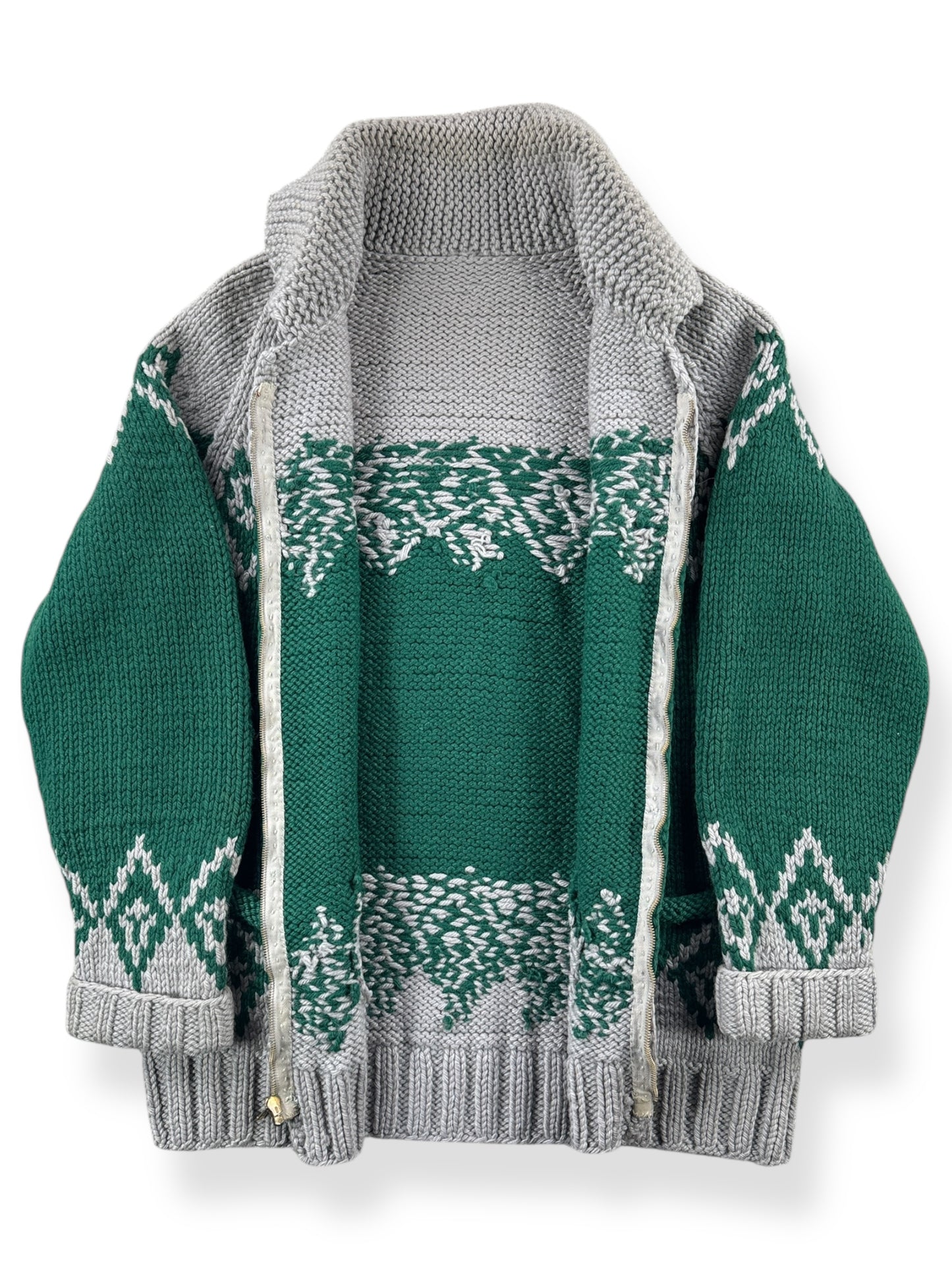 Inside of Vintage Handmade Green & Tan Cowichan Style Sweater SZ M