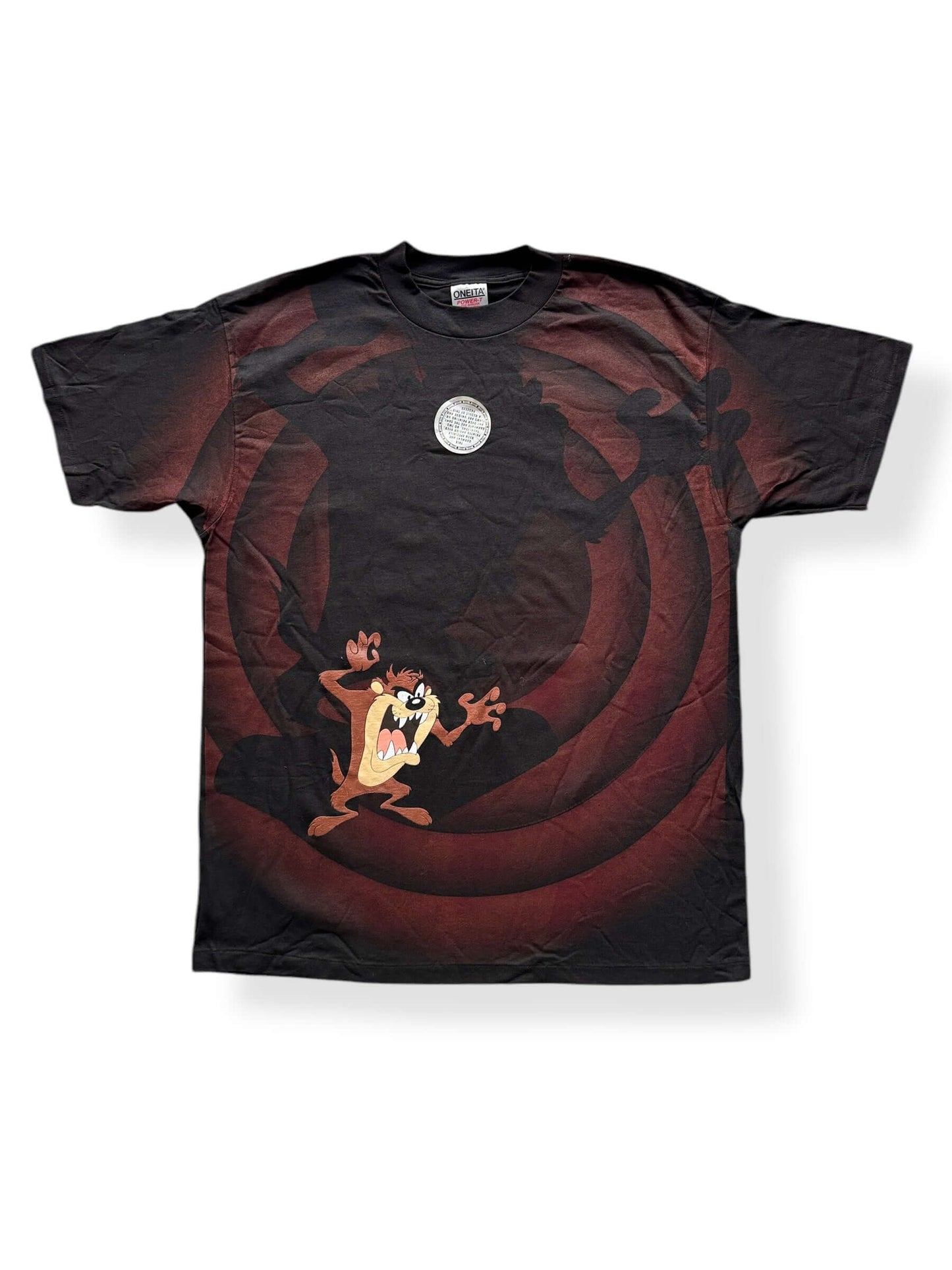Front of Vintage NOS Oneita Taz All Over Print Spotlight Tee SZ XL