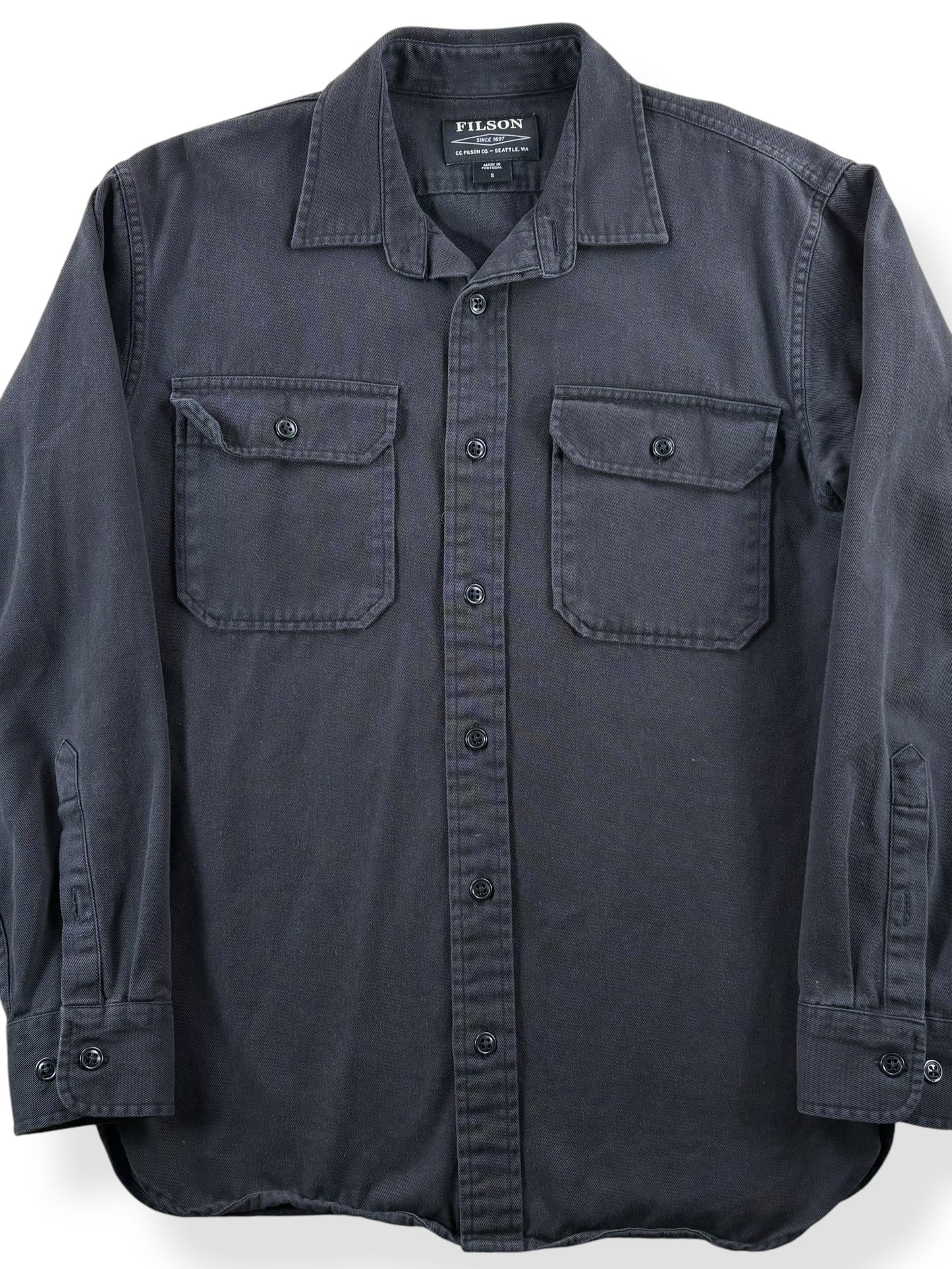 Front Close Up of Modern Filson Black Button Up SZ S