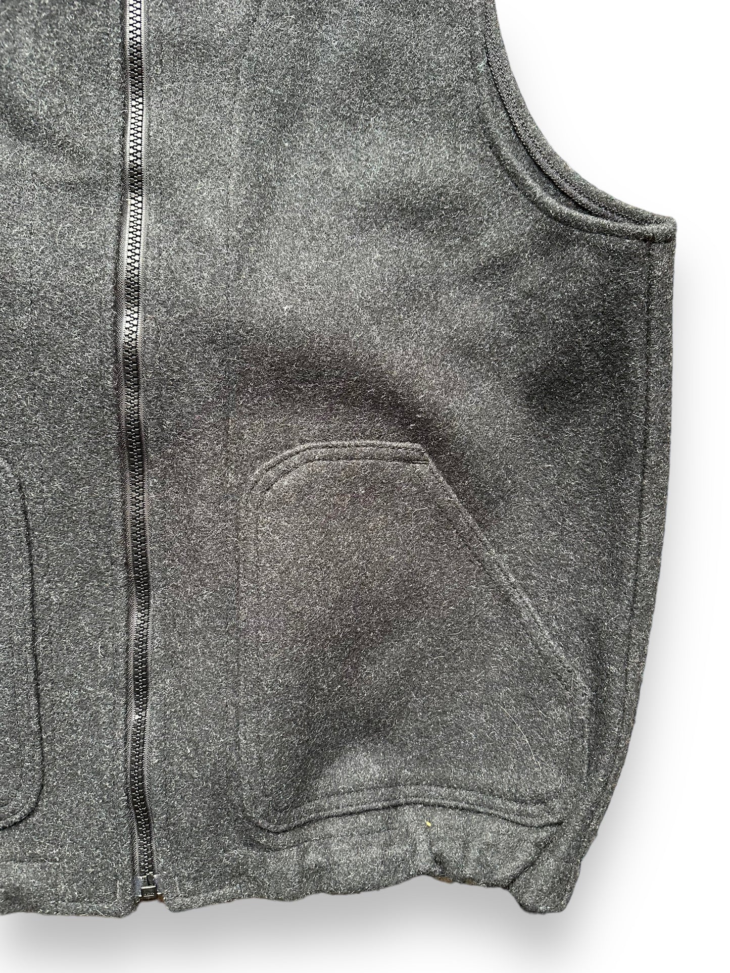 Front Left Pocket View of Filson Mackinaw Wool Sleeveless Charcoal Liner SZ S | Barn Owl Vintage Goods | Vintage Filson Workwear Seattle