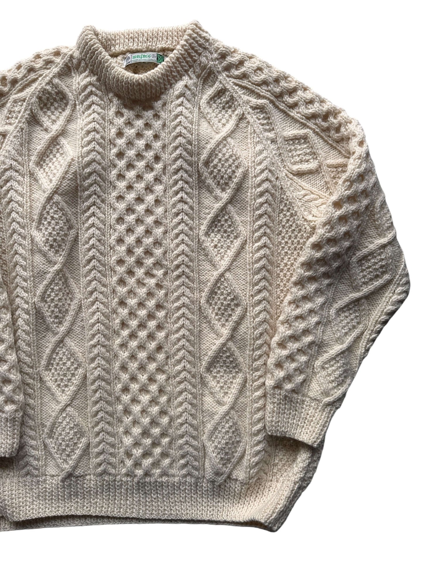 Front Left of Vintage Irisfree Cream Irish Cable Knit Fishermans Sweater SZ XL
