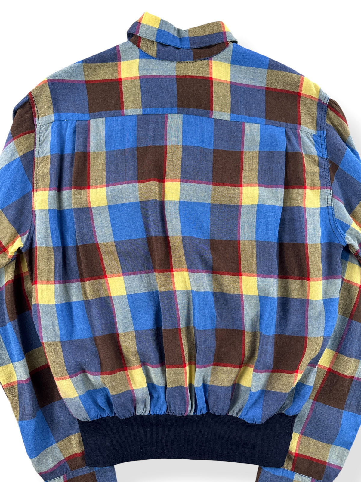 Close-up of back of Vintage 50s Pilgrim Plaid Rayon Gaucho Shirt SZ M