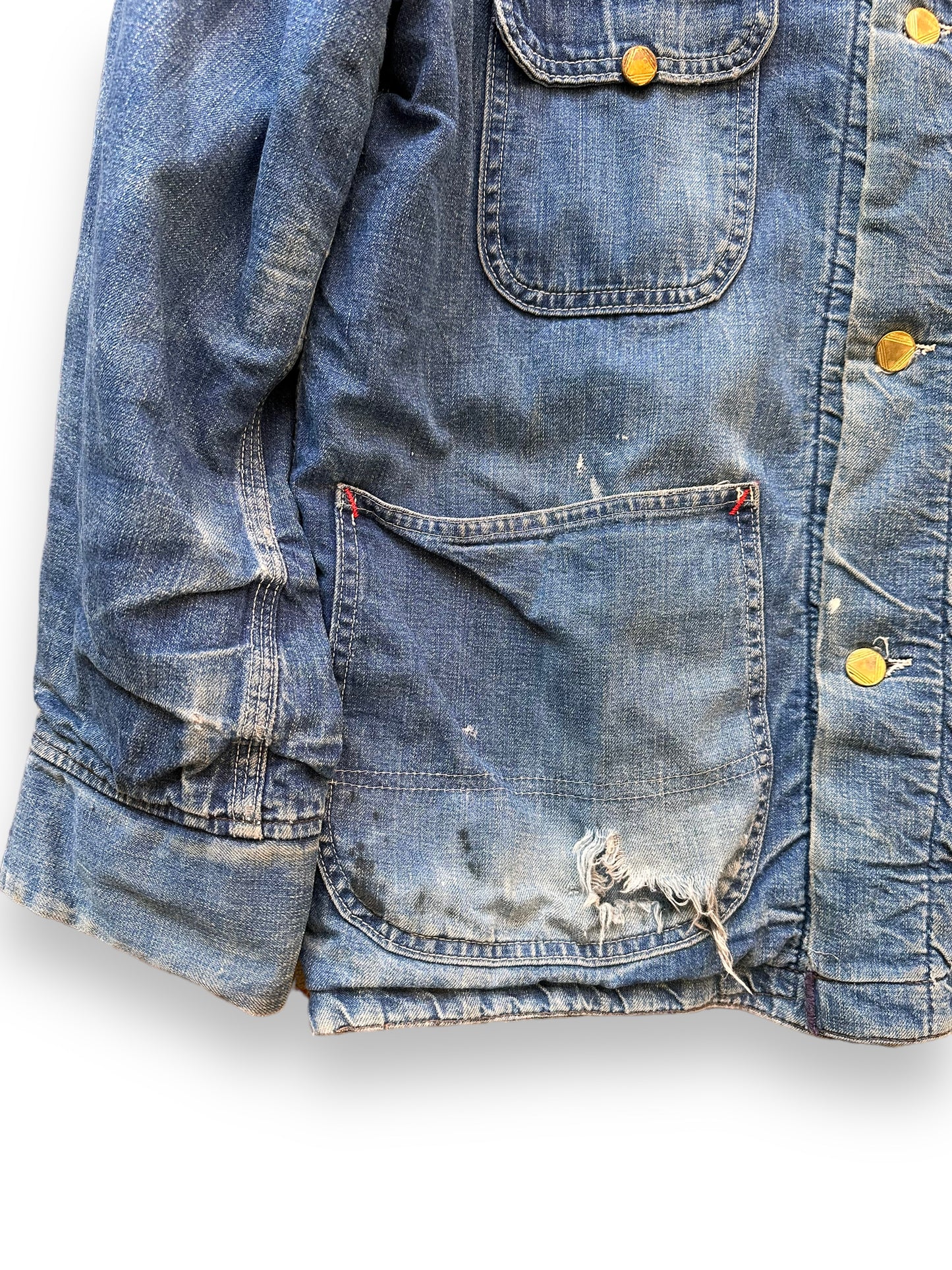 Lower Right Pocket with Hole and Cuff with Sun Fading on Vintage Sears Blanket Lined Denim Chore Coat SZ 42 | Vintage Denim Chore Coat | Barn Owl Vintage Seattle