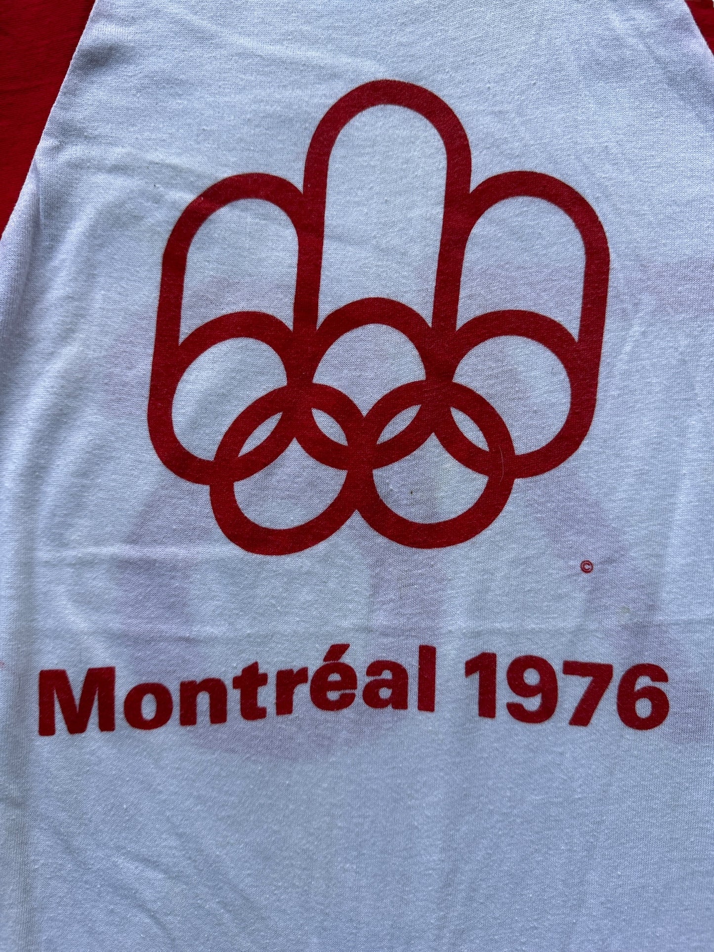Front Graphic of Vintage 1976 Montreal Olympics Raglan Tee SZ Youth M