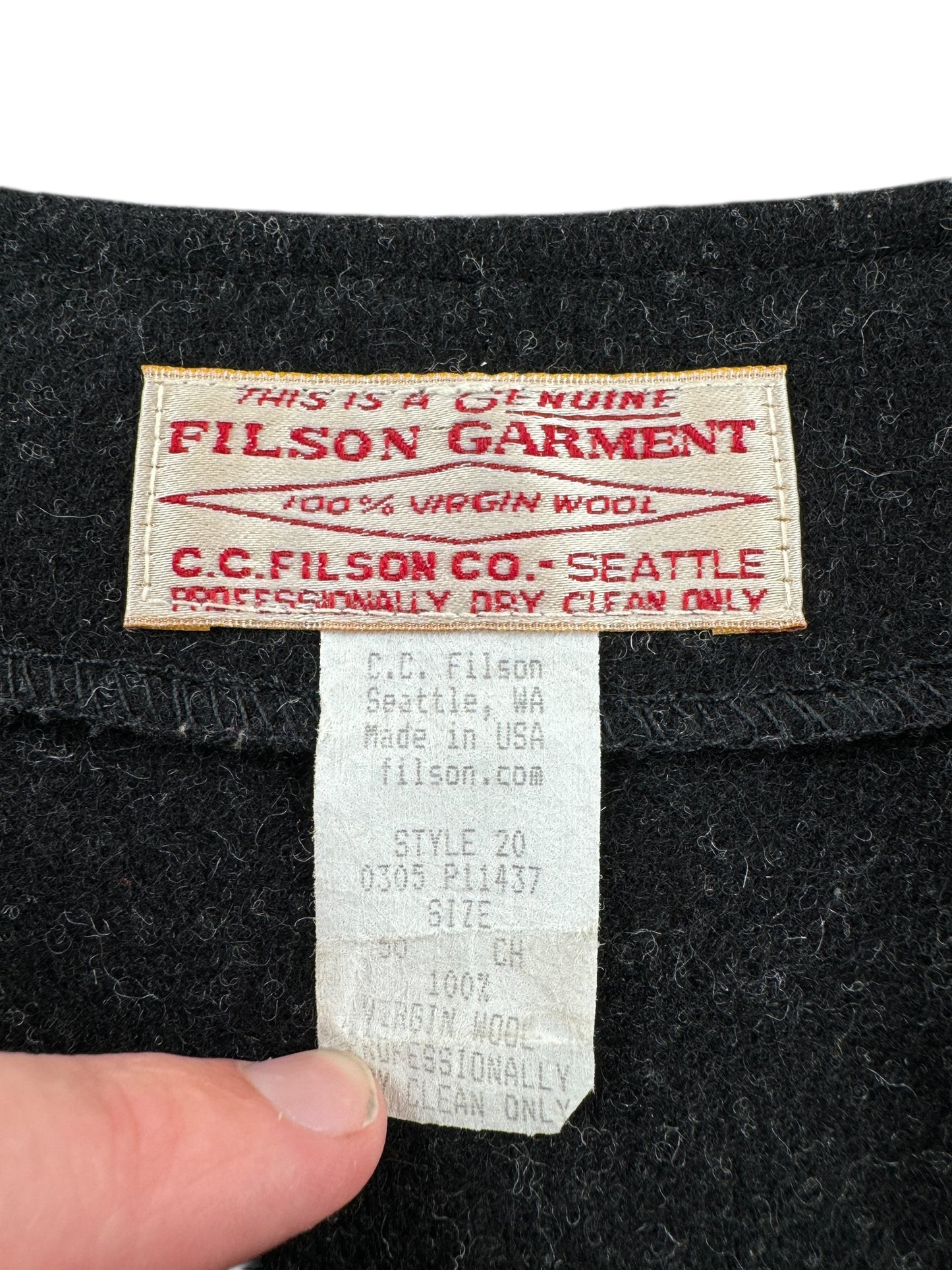 Tag on Vintage Charcoal Filson Mackinaw Wool Vest SZ 50