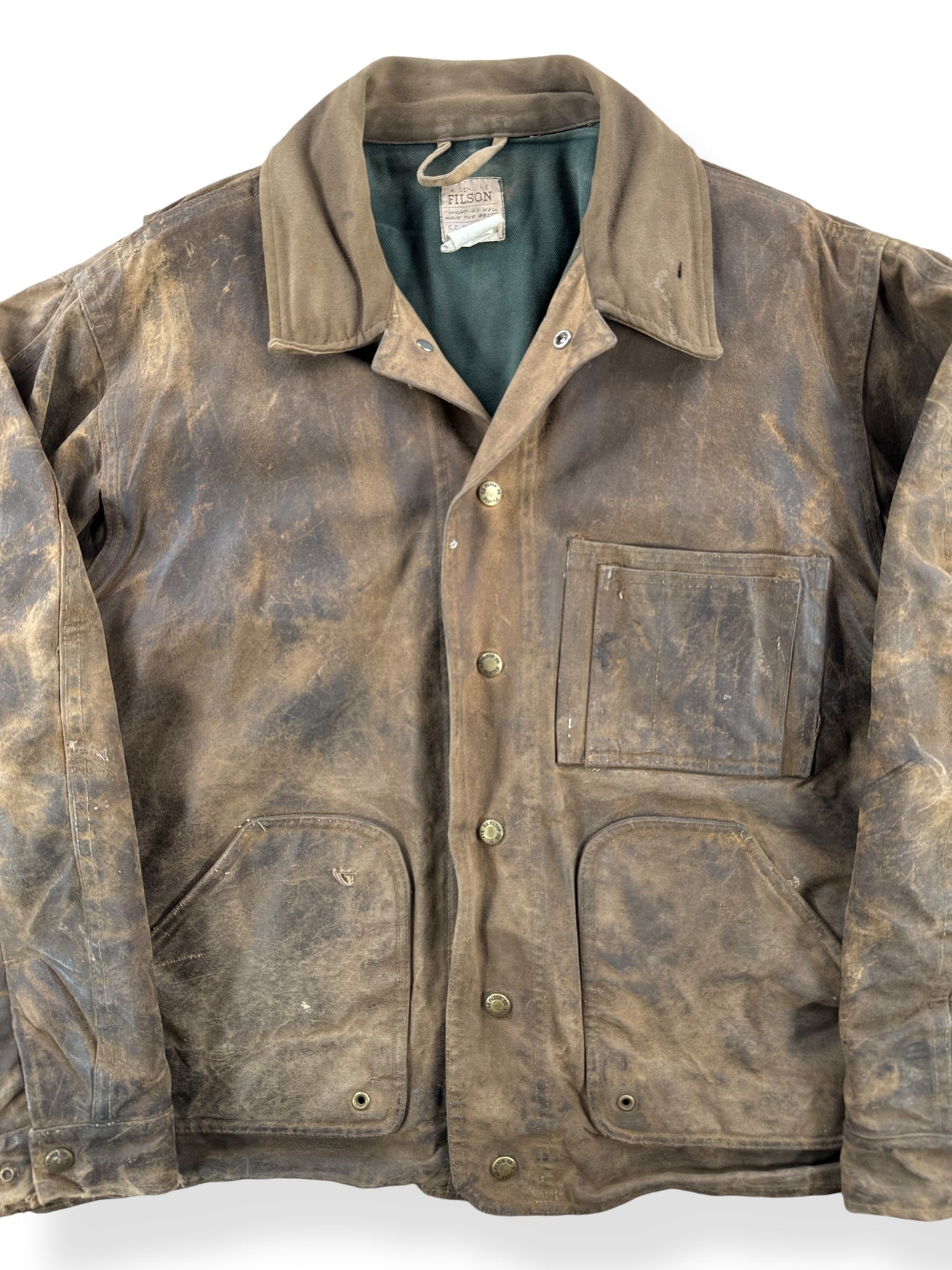 Front Close Up of Vintage Filson Style 621 Tin Cloth Field Jacket SZ L