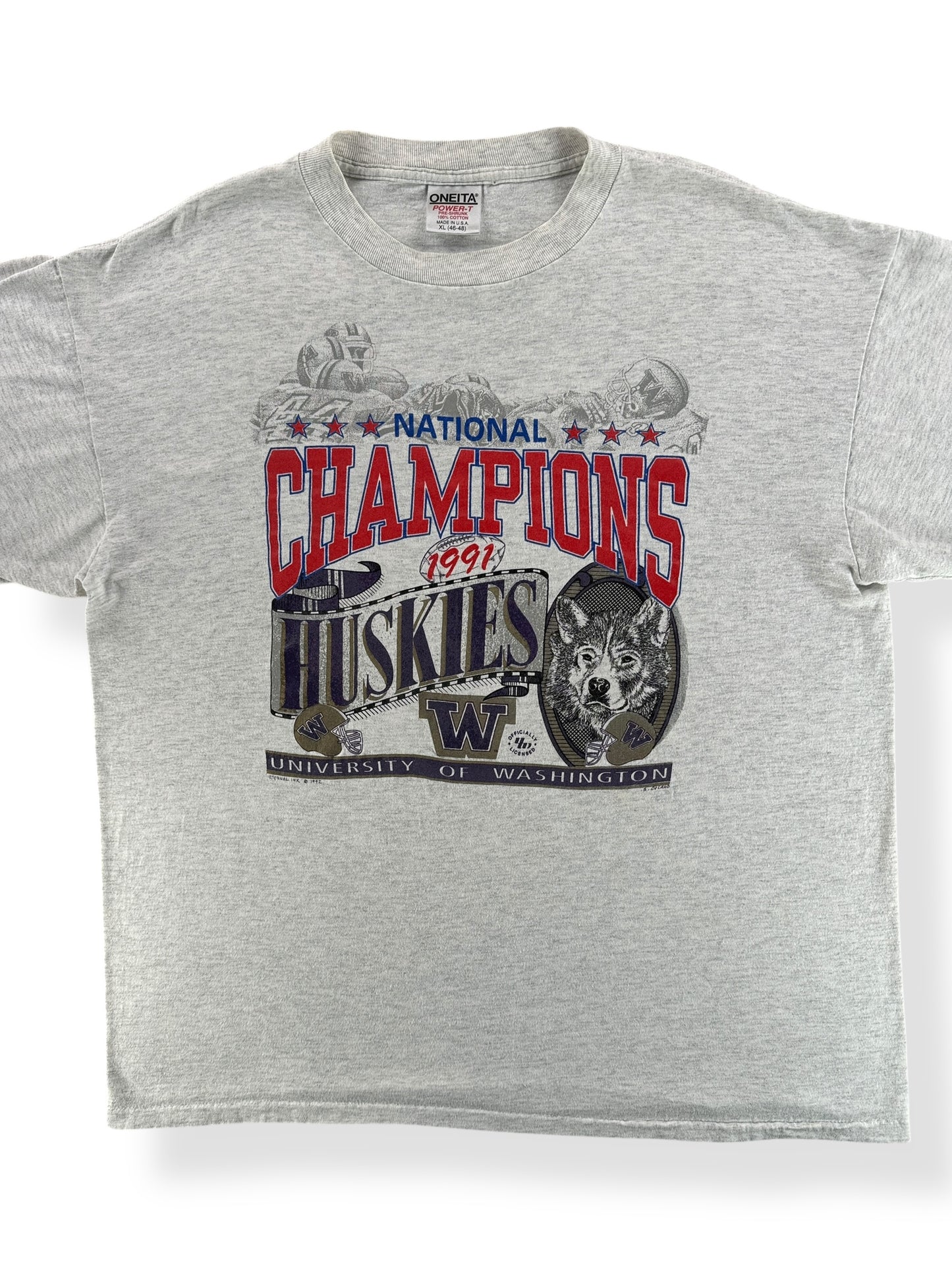 Front Close Up of Vintage 1991 UW Huskies National Champs Tee SZ XL