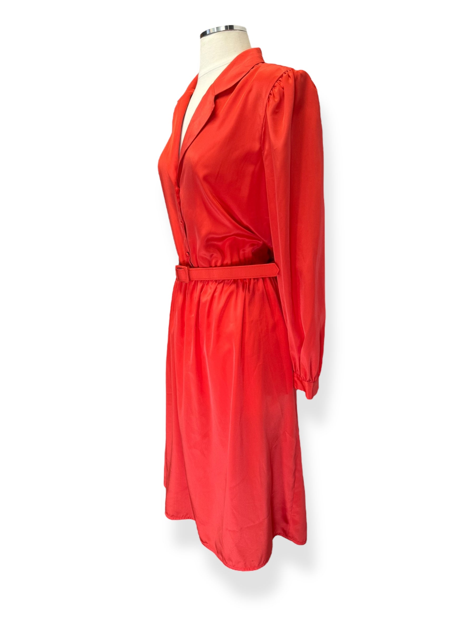 Side view of 1970s Clement Laird Coral Polyester Dress L-XL