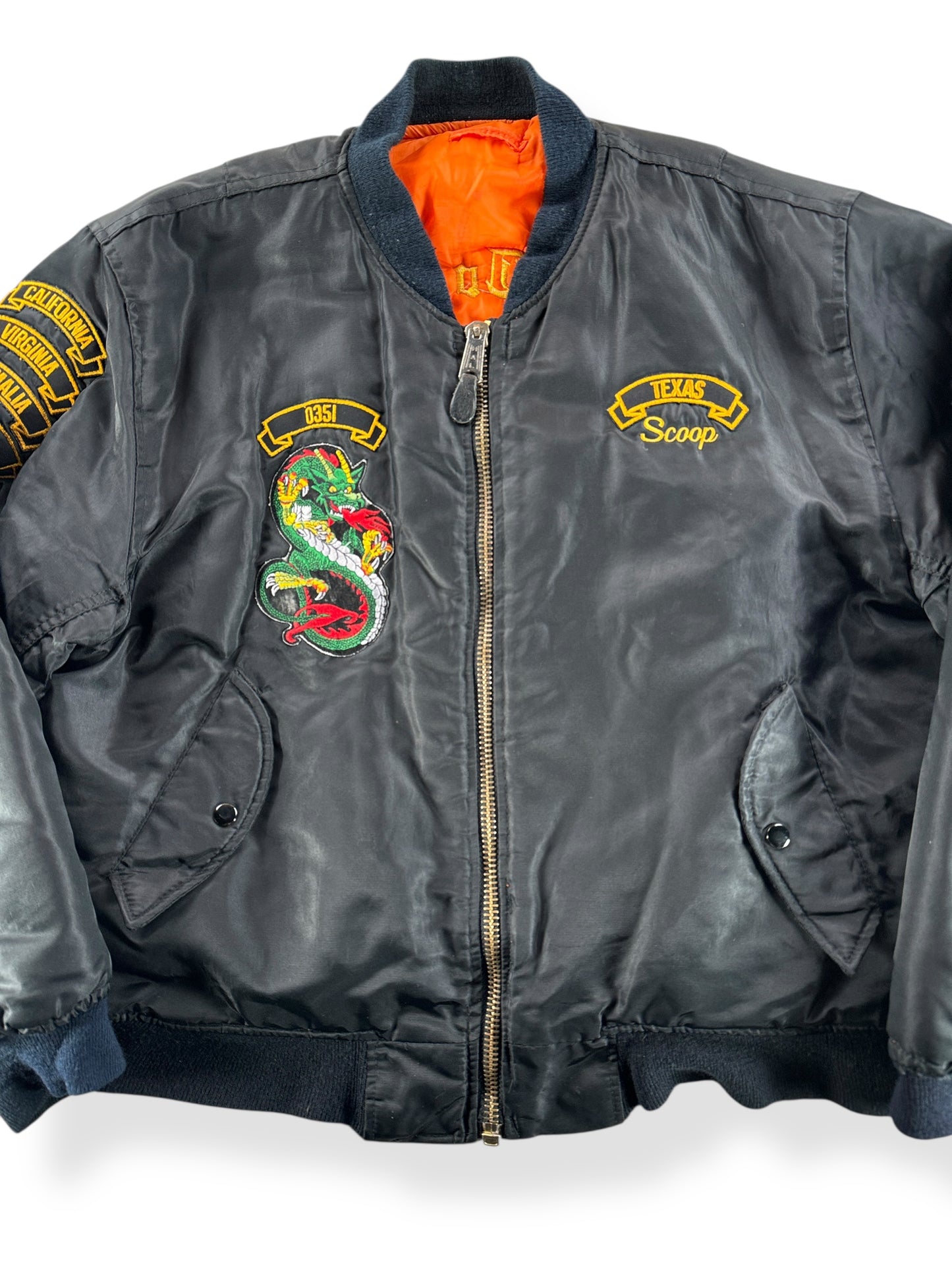 Front Close Up of Vintage Born to Fight Trained to Kill MA-1 Jacket SZ XXL