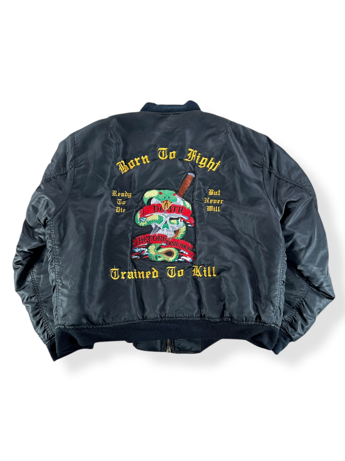 Back of Vintage Born to Fight Trained to Kill MA-1 Jacket SZ XXL
