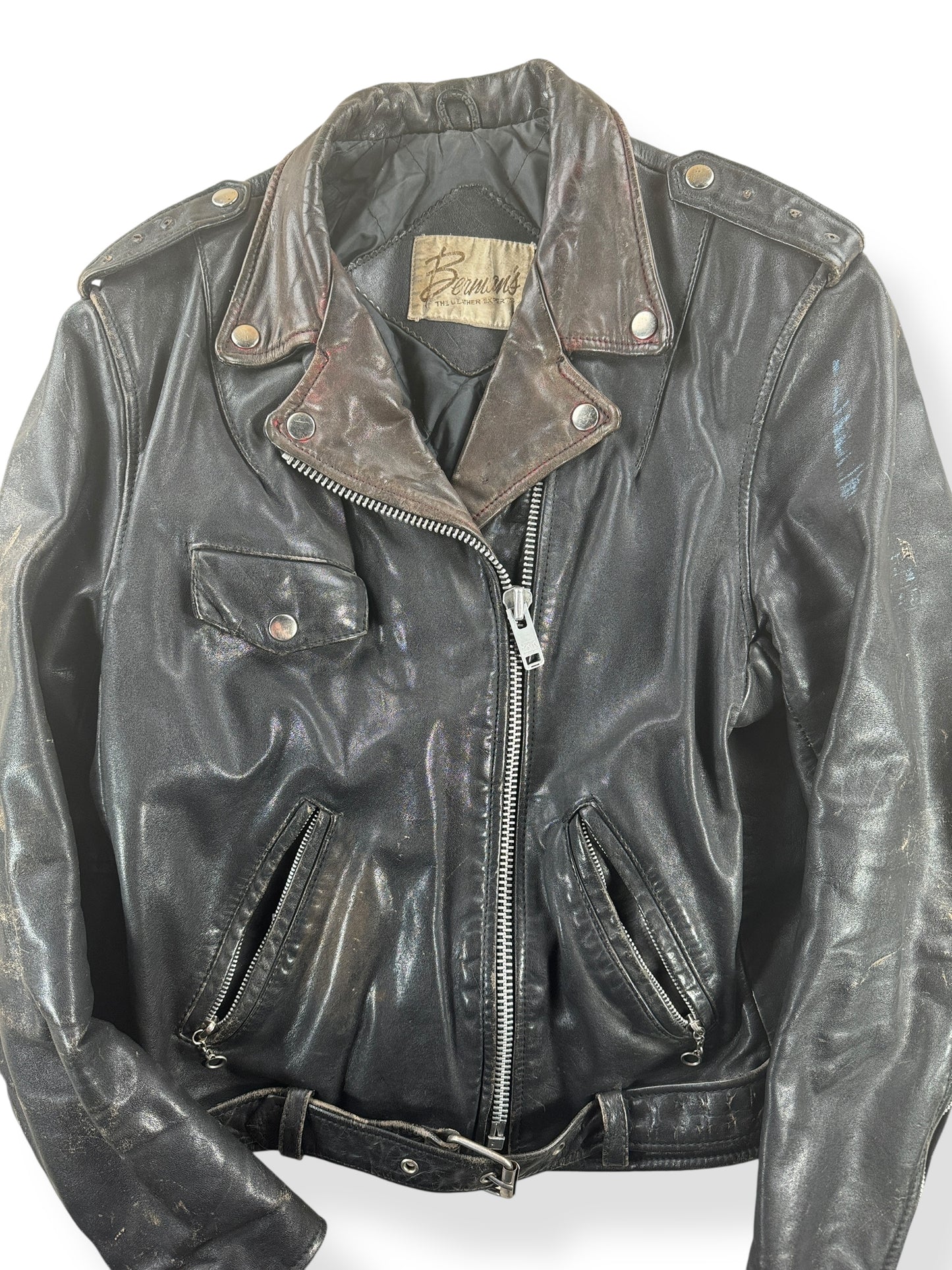 Front Close Up of Vintage Bermans Leather Jacket SZ M