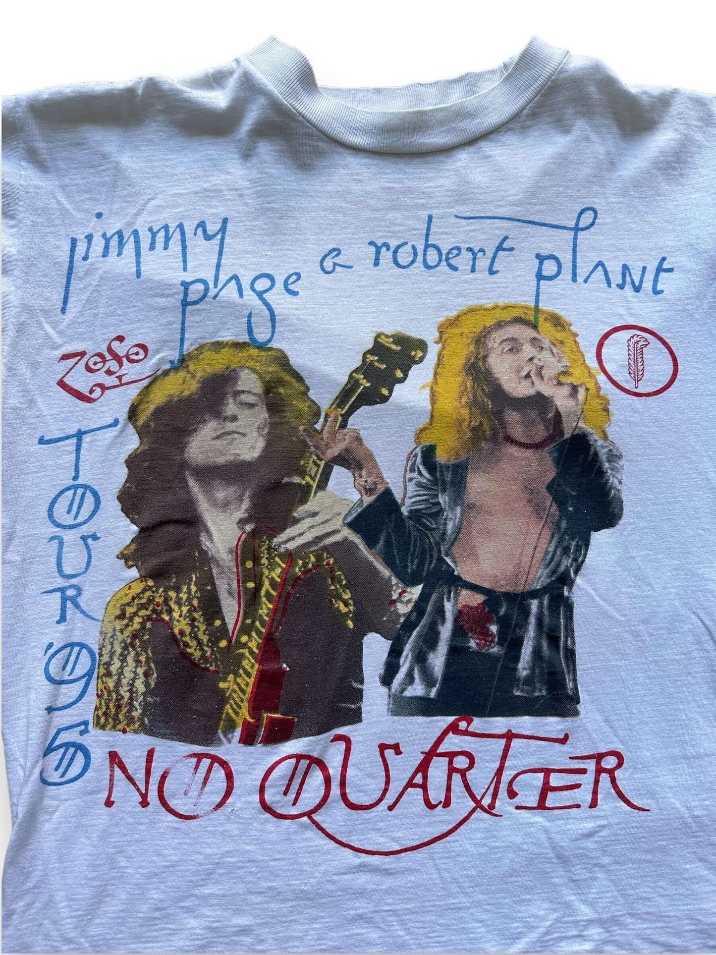 front close up of Vintage 1995 Led Zeppelin "No Quarter" Jimmy Page & Robert Plant Band Tee SZ XL