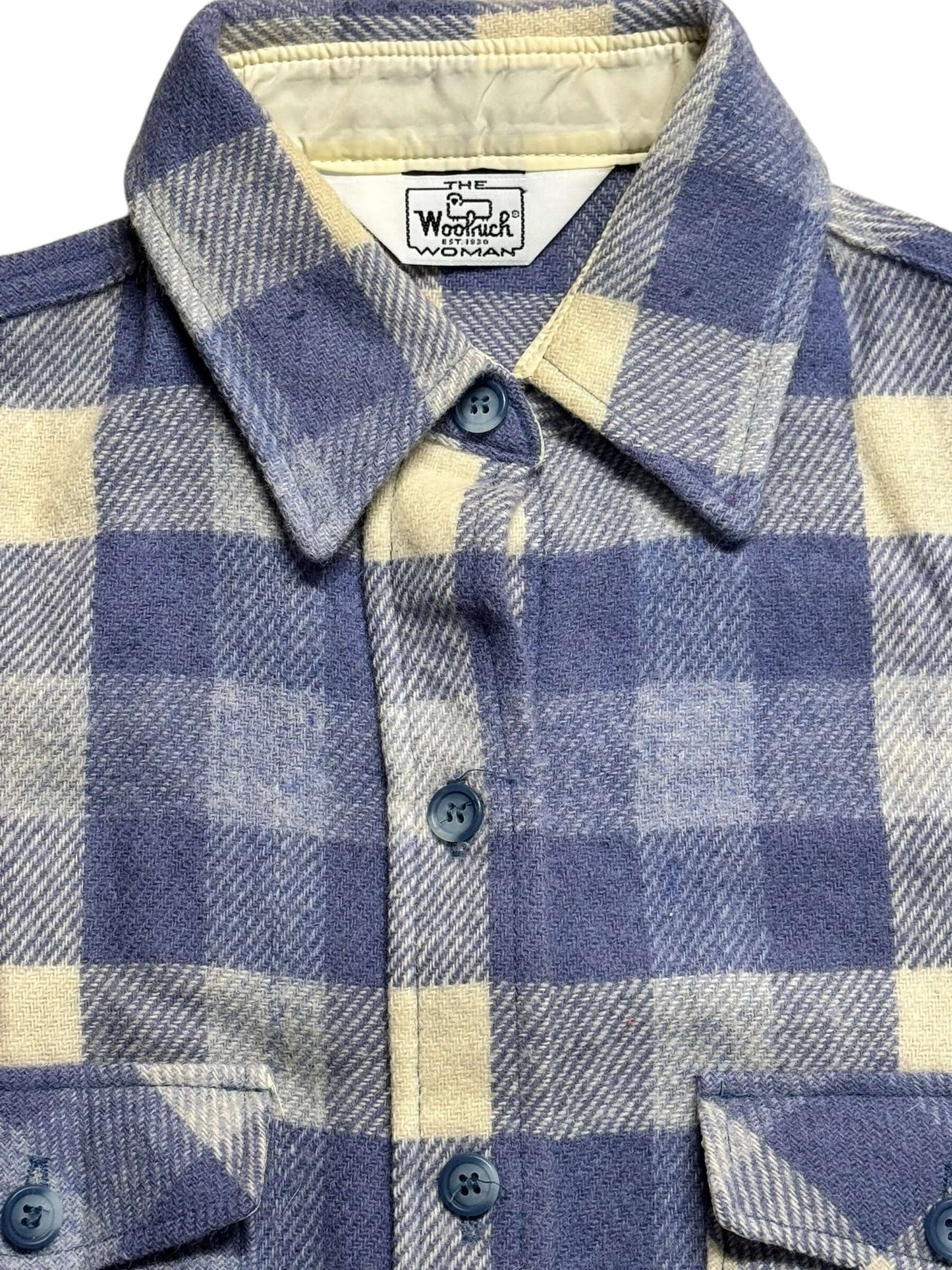 Tag view of 1970s Blue/White "The Woolrich Woman" Flannel S-M