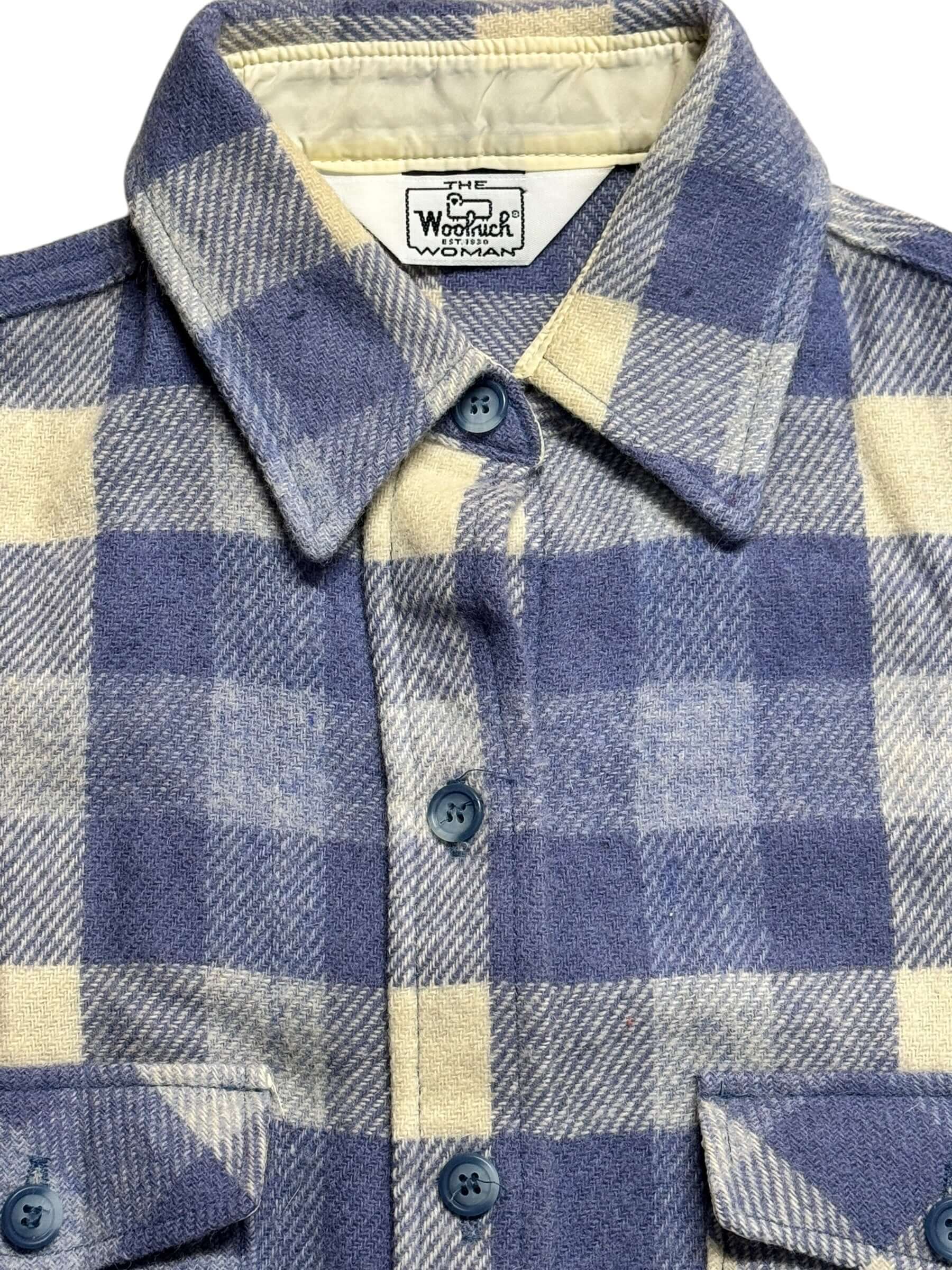 Tag view of 1970s Blue/White "The Woolrich Woman" Flannel S-M
