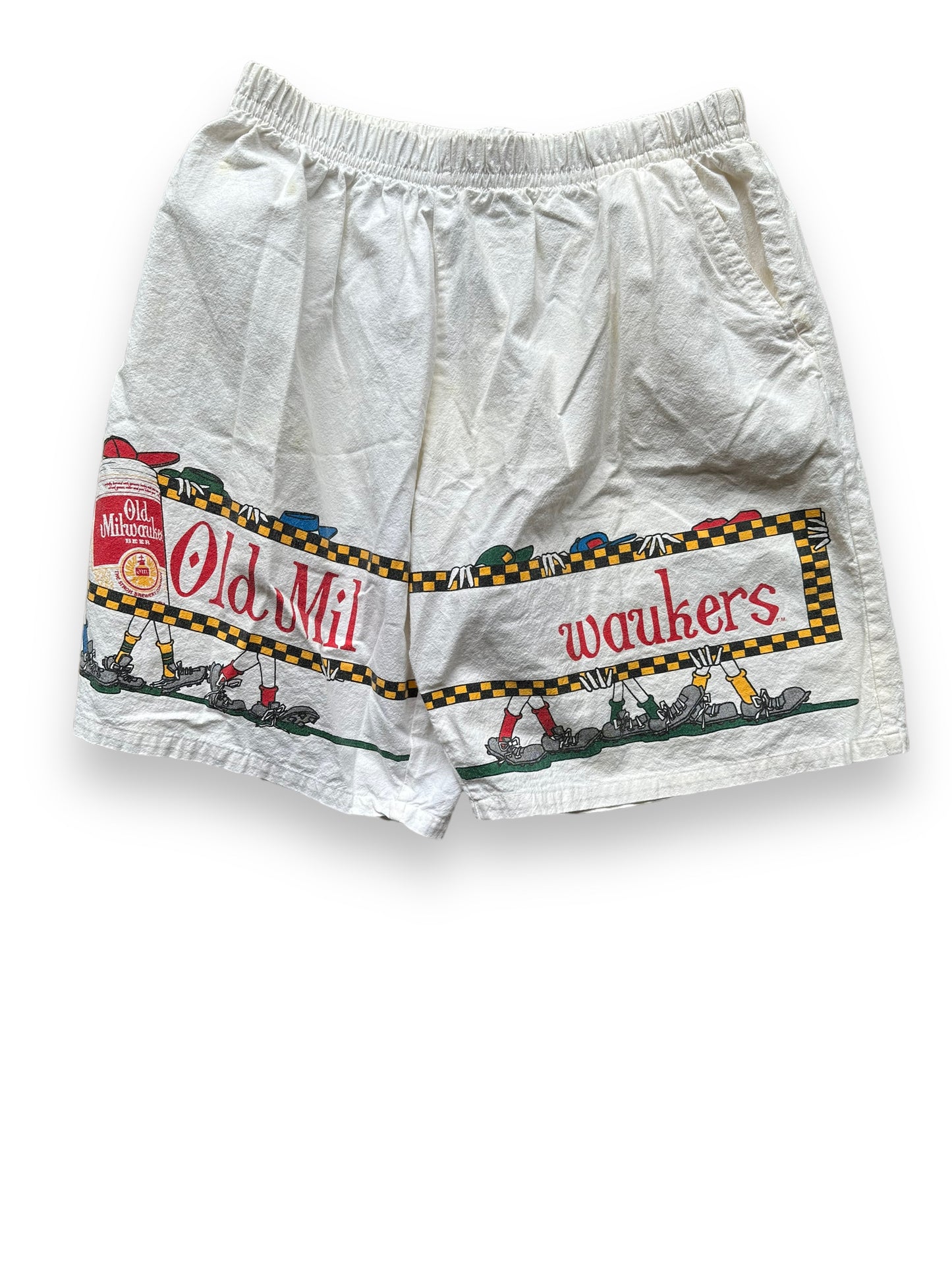 Front View of Vintage Old Milwaukee Beer Shorts SZ XL | Barn Owl Vintage Goods | Vintage Clothing Seattle