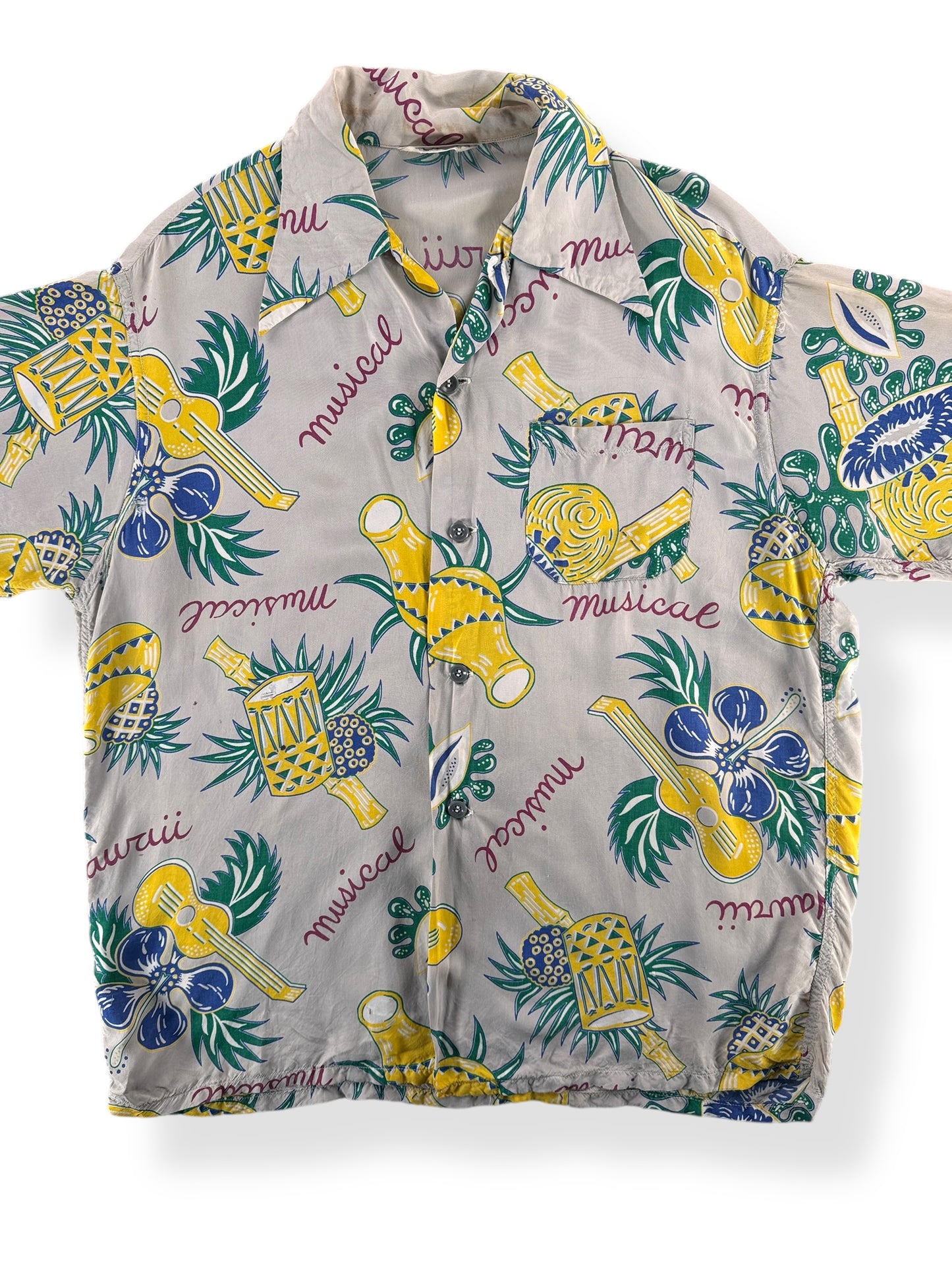 Front Close Up of Vintage 50s Rayon Hawaiian Loop Collar Shirt SZ L