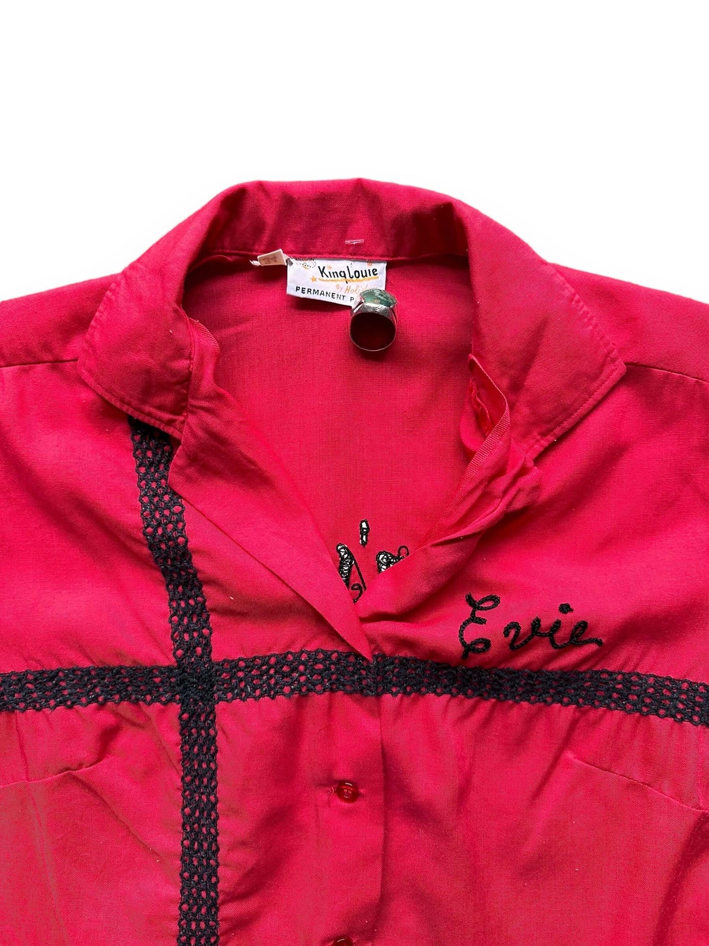 Tag View of King Louie Vintage Wienkers Carpet Service Ladies Bowling Shirt SZ 34 | Vintage Bowling Shirt Seattle