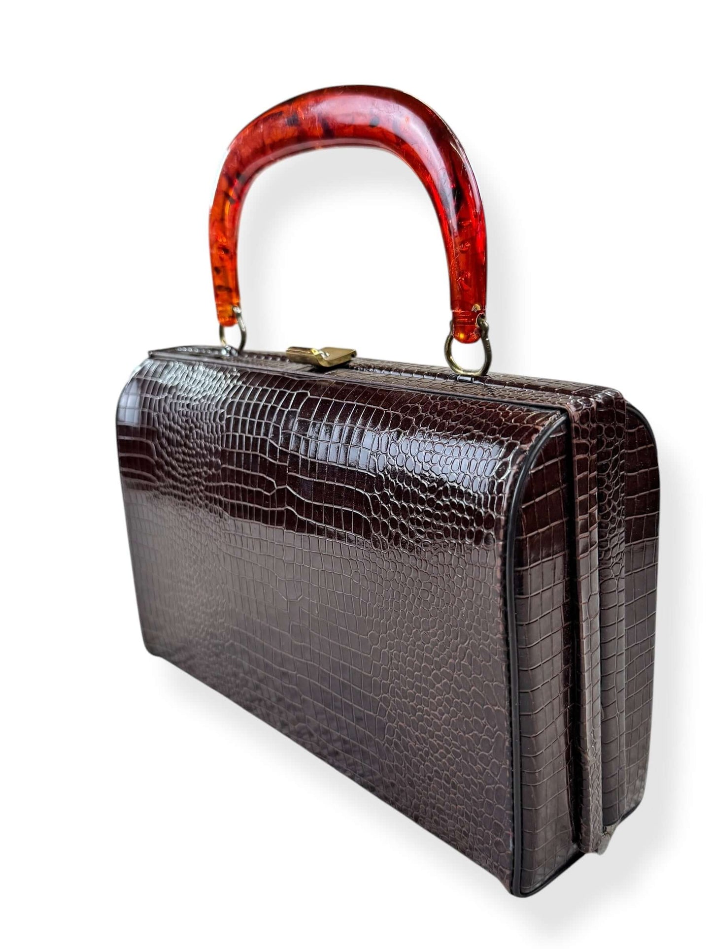 Side view of 1950s Faux Reptile Purse with Lucite Handle